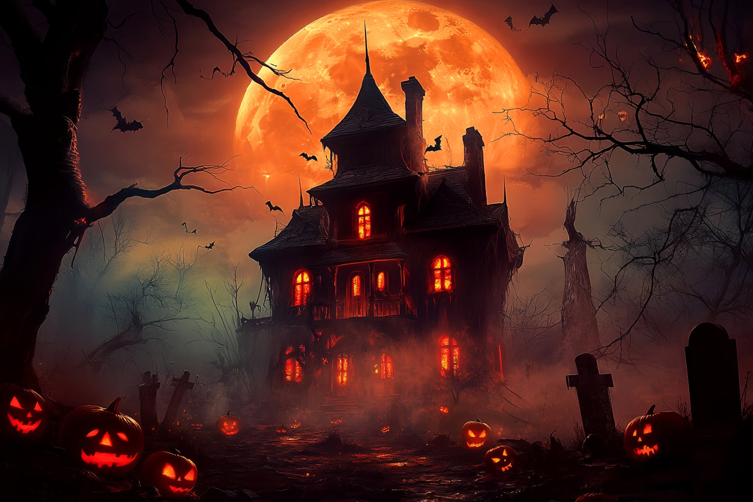 Haunted House Backdrop Crimson Moon Horror Backdrop LXX58-44
