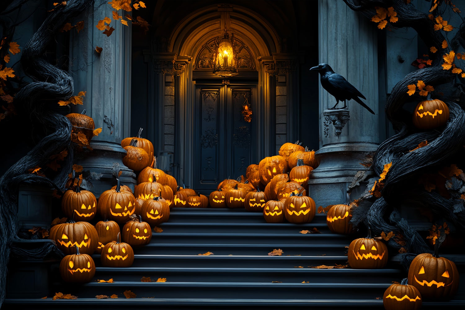 Garage Door Halloween Backdrop Pumpkin Stair Parade Backdrop LXX58-45