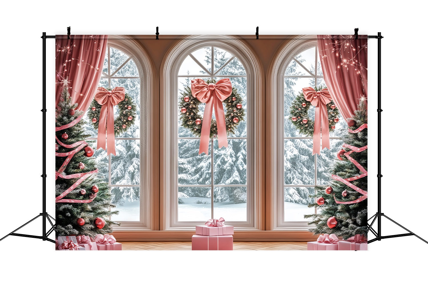 Pink Christmas Backdrop Pink Ribbon Window Wreaths Christmas Backdrops LXX58-52