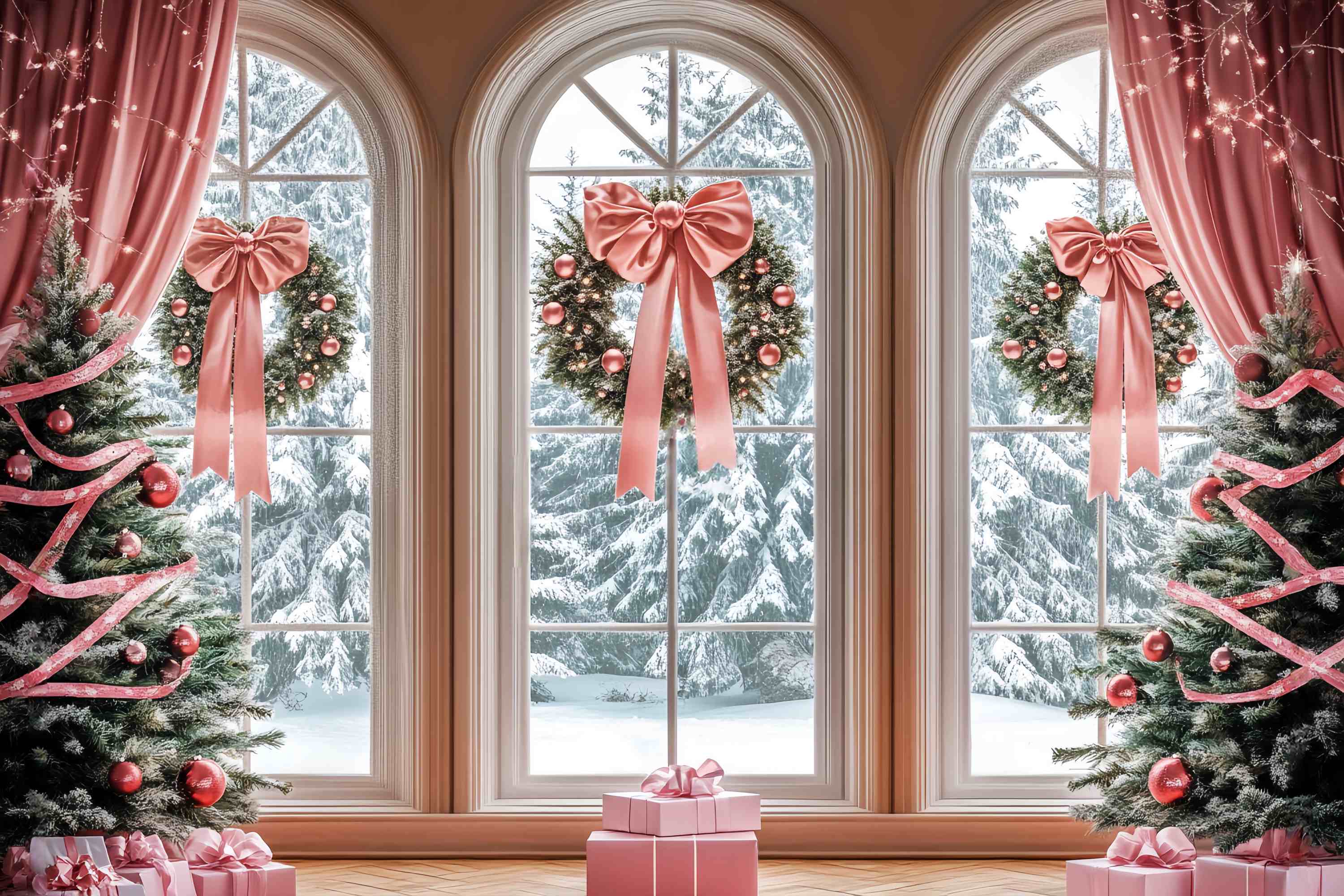Pink Christmas Backdrop Pink Ribbon Window Wreaths Christmas Backdrops