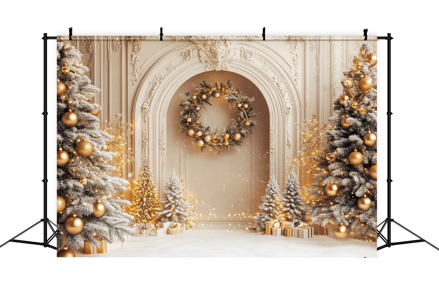 White Christmas Backdrop Golden Frosted Palace Trees Christmas Backdrop ideas LXX58-54