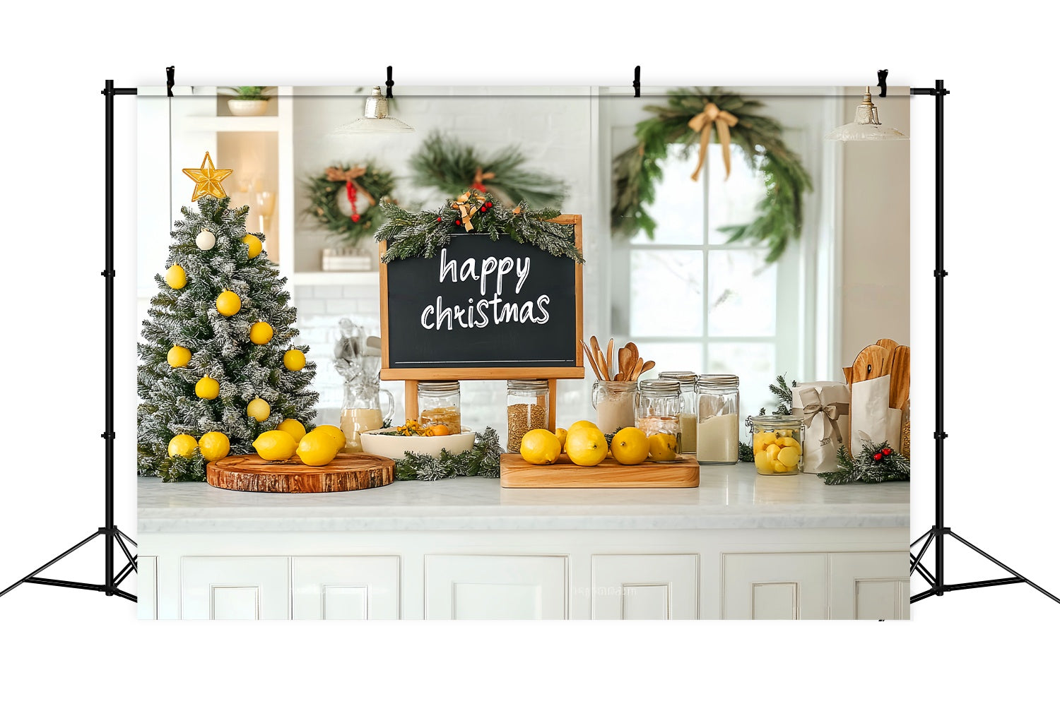 Christmas Kitchen Backdrop Lemon Tree Farmhouse Kitchen Christmas Backdrop ideas LXX58-56