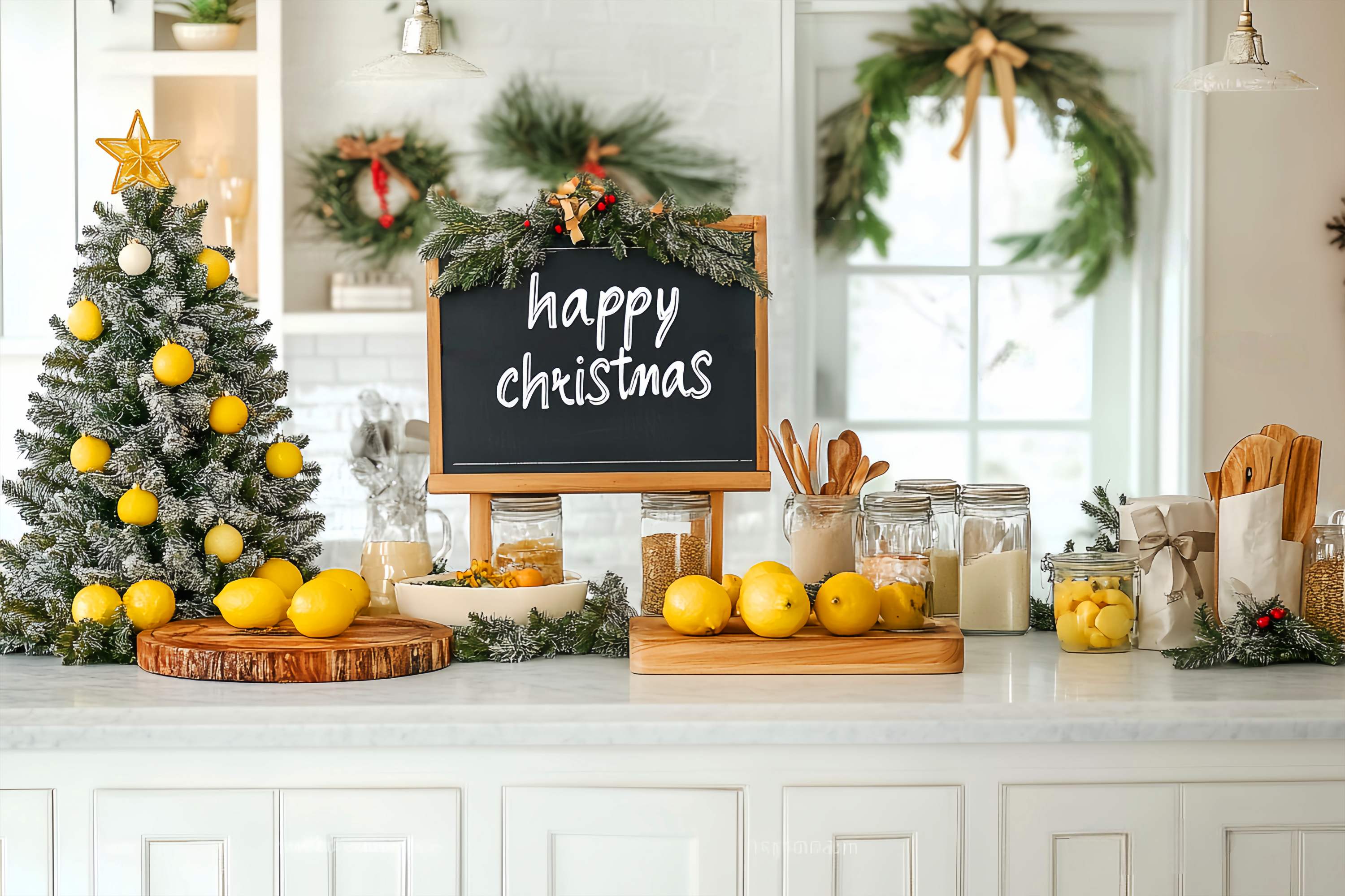 Christmas Kitchen Backdrop Lemon Tree Farmhouse Kitchen Christmas Backdrop ideas LXX58-56