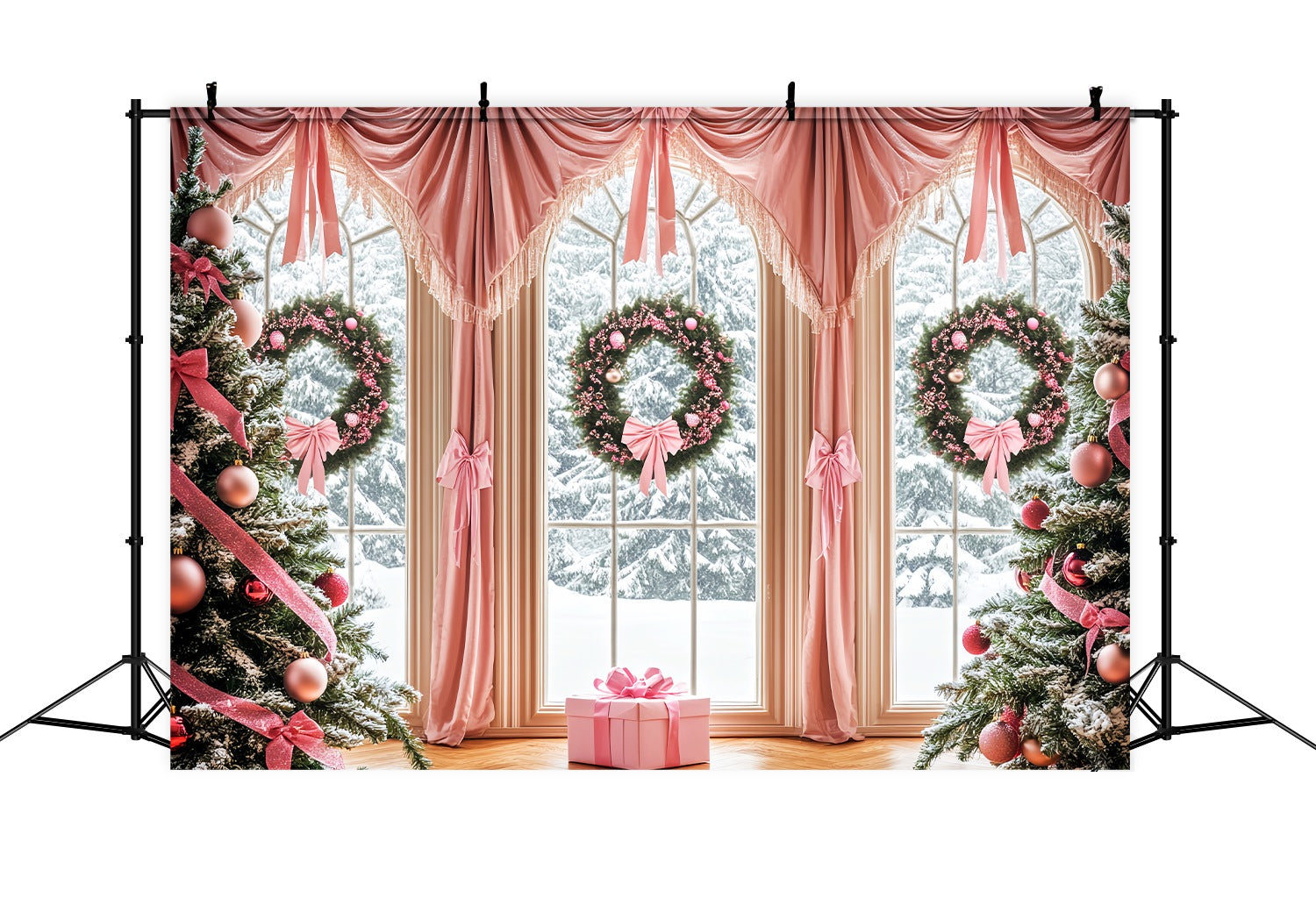 Pink Christmas Backdrop Pink Bow Elegant Window Backdrop Christmas LXX58-57