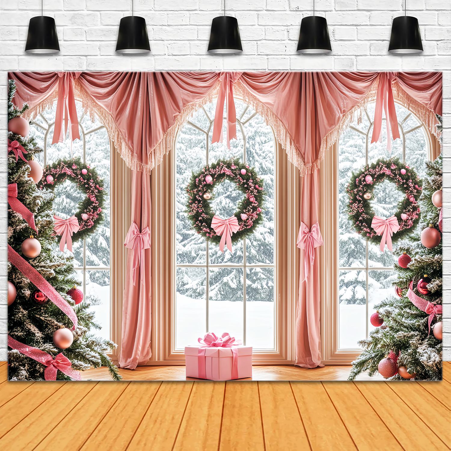 Pink Christmas Backdrop Pink Bow Elegant Window Backdrop Christmas LXX58-57