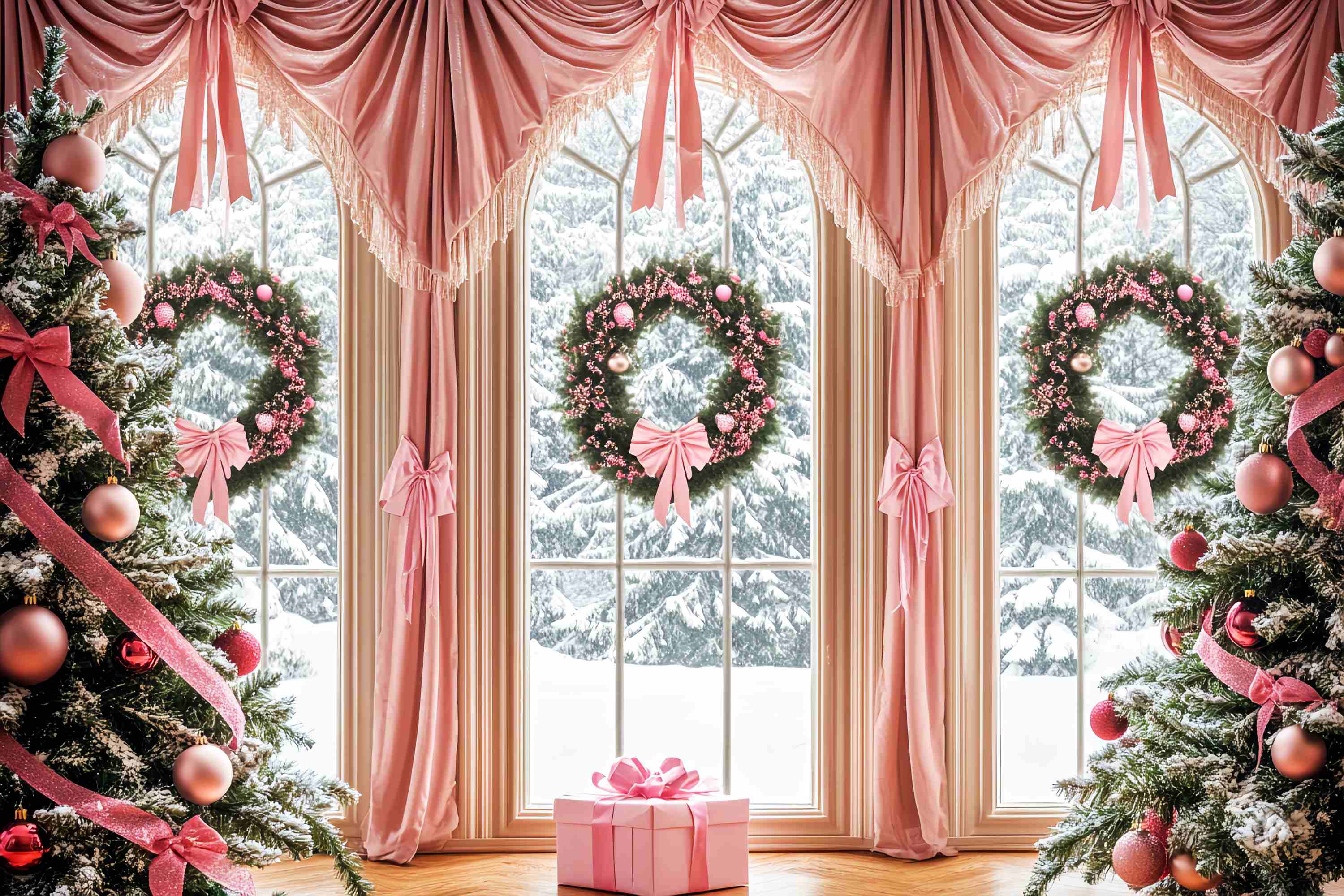 Pink Christmas Backdrop Pink Bow Elegant Window Backdrop Christmas LXX58-57