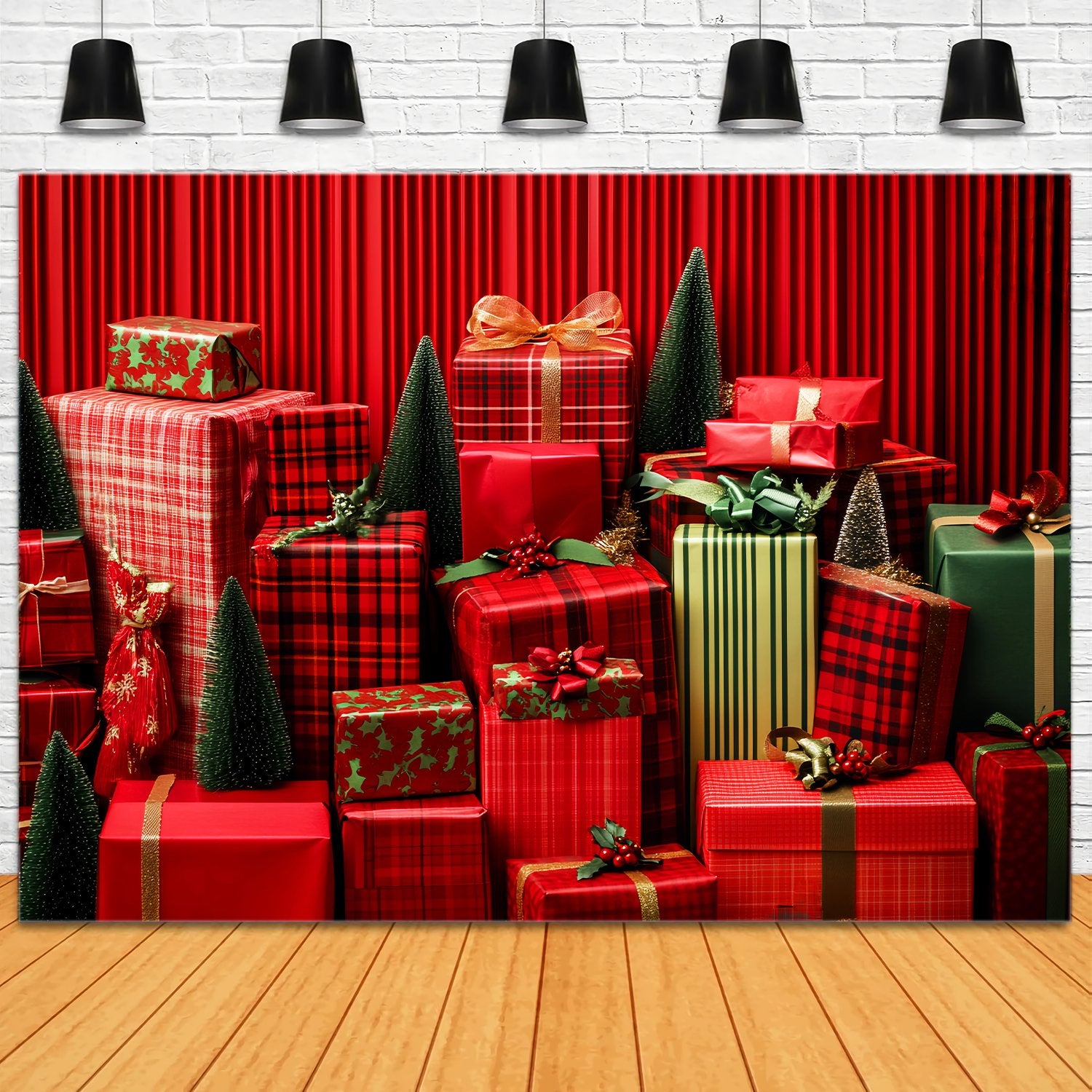 Red Christmas Backdrop Red Plaid Wrapped Gifts Christmas Backdrops for Photography LXX58-58
