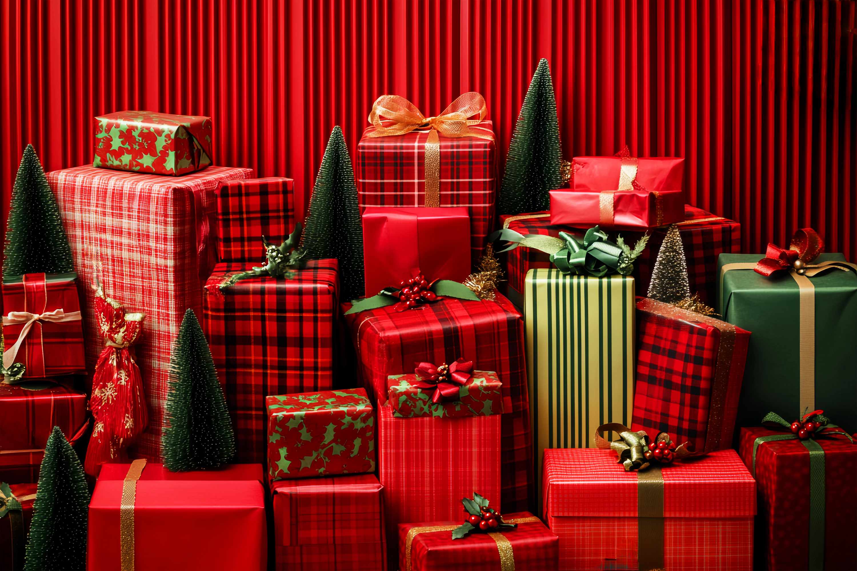 Red Christmas Backdrop Red Plaid Wrapped Gifts Christmas Backdrops for Photography LXX58-58