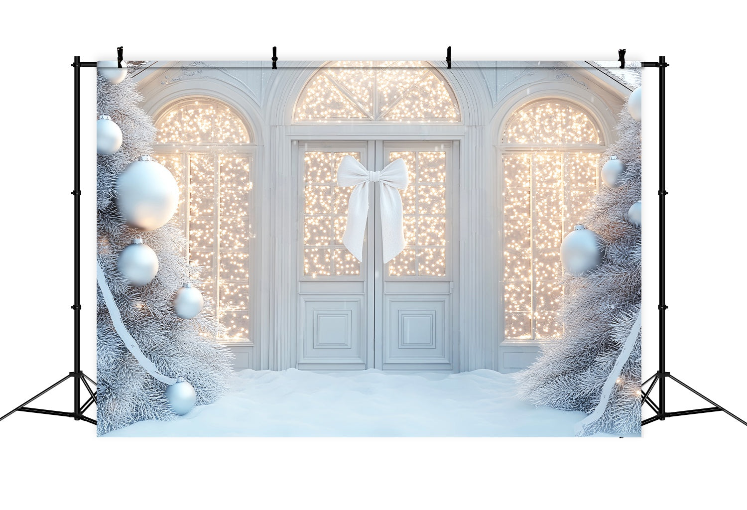 White Christmas Backdrop White Sparkle Bow Doorway Christmas Backdrop Photography LXX58-59