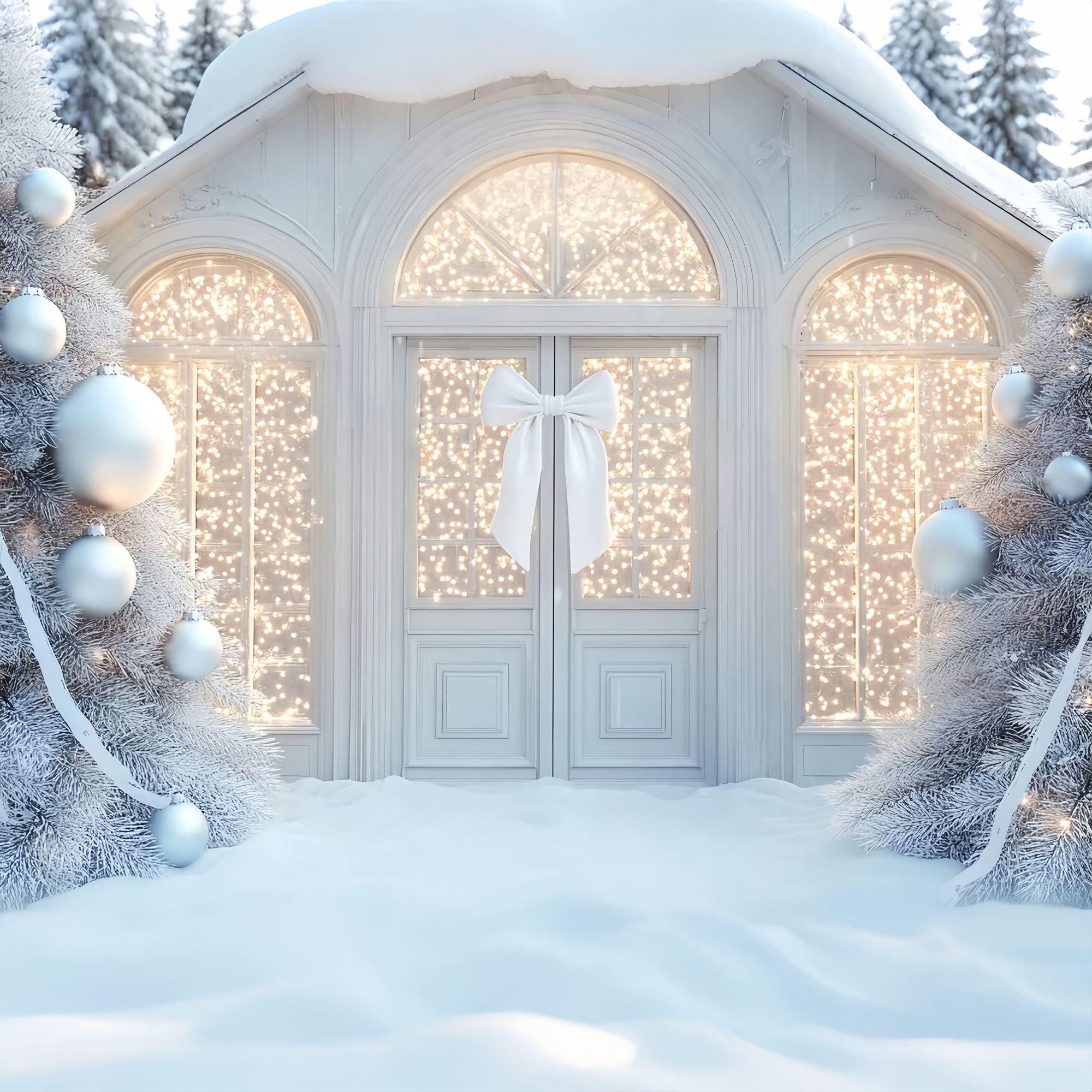White Christmas Backdrop White Sparkle Bow Doorway Christmas Backdrop Photography LXX58-59