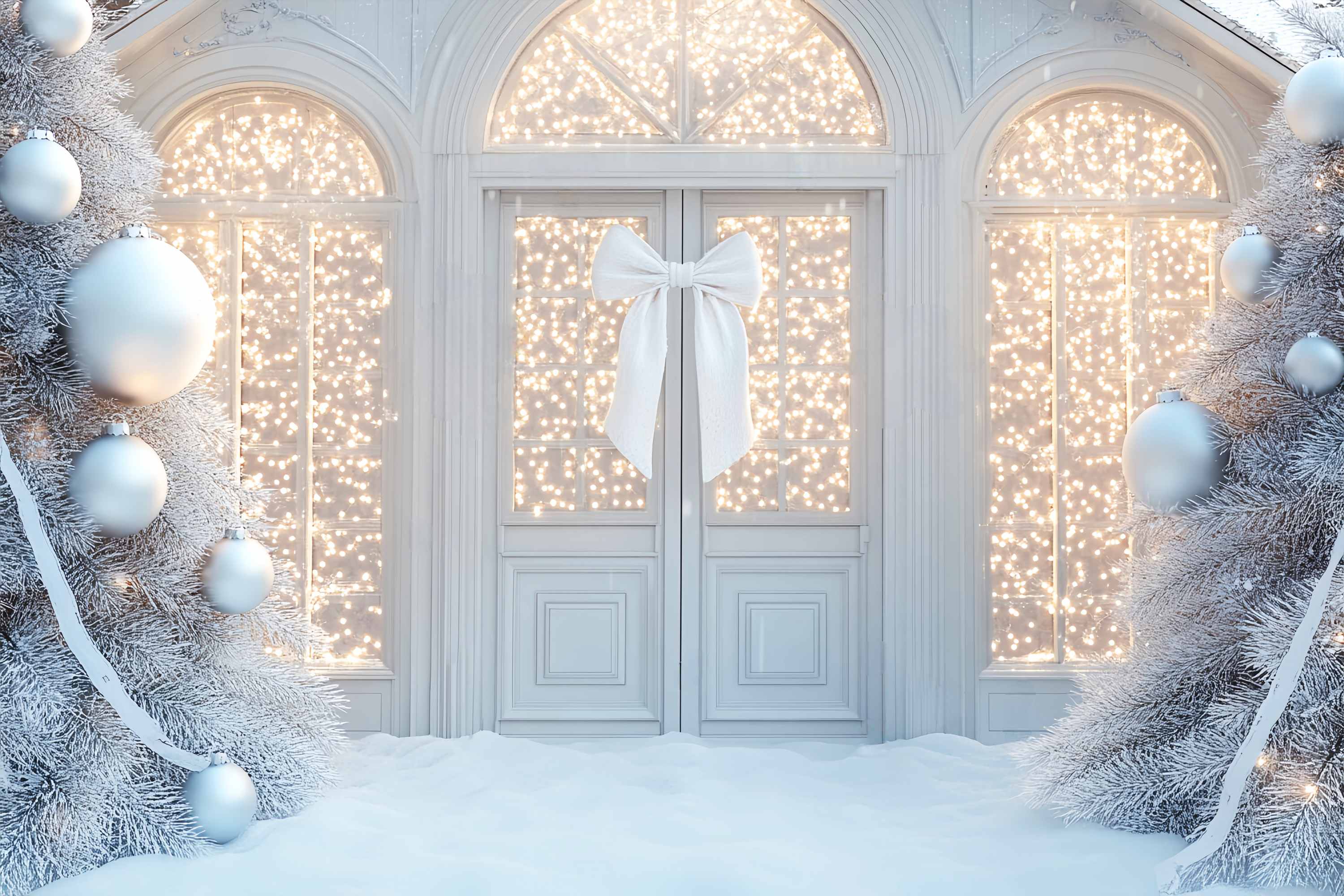White Christmas Backdrop White Sparkle Bow Doorway Christmas Backdrop Photography LXX58-59