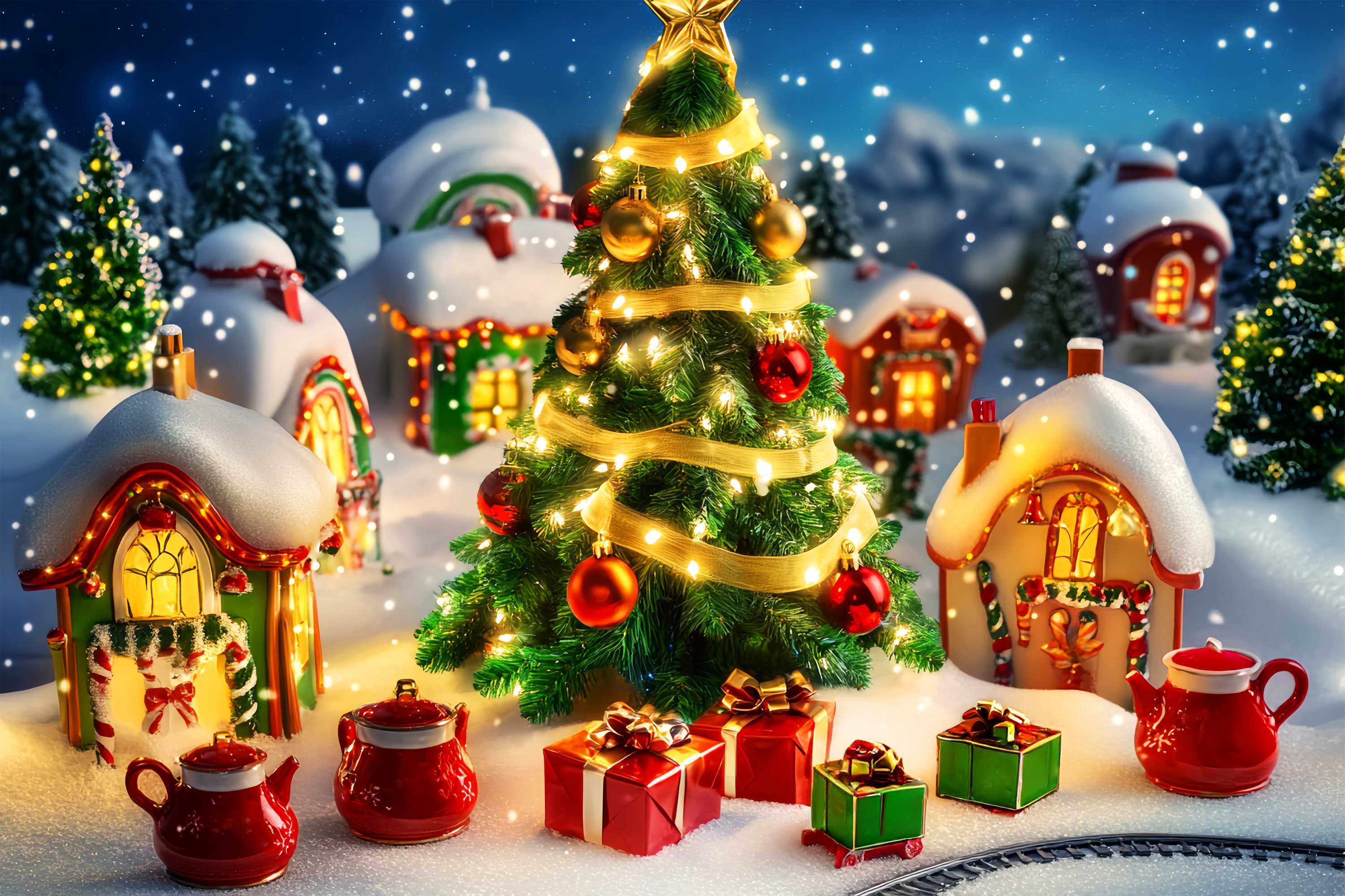 Christmas Tree Backdrop Toy Village Christmas Tree Scene Christmas Backdrops LXX58-60
