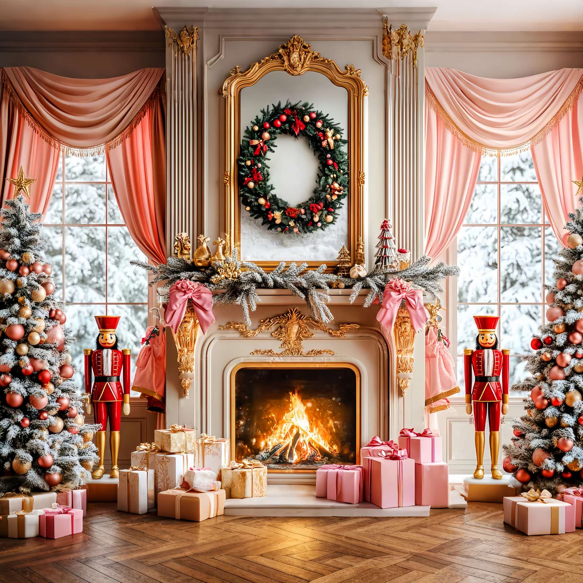 Christmas Fireplace Backdrop Pink Nutcracker Fireplace Decor Christmas Backdrops Sale LXX58-62