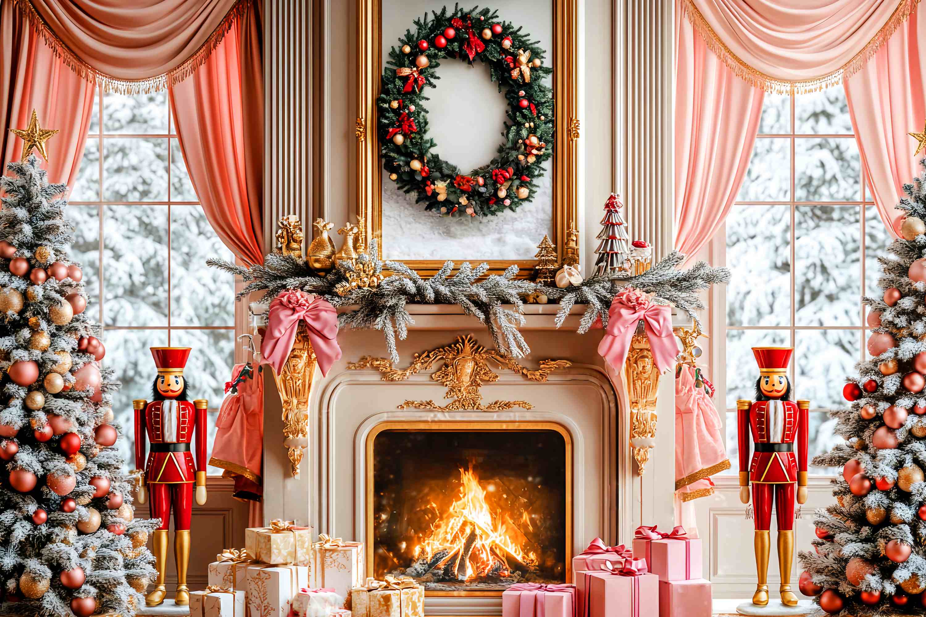 Christmas Fireplace Backdrop Pink Nutcracker Fireplace Decor Christmas Backdrops Sale LXX58-62