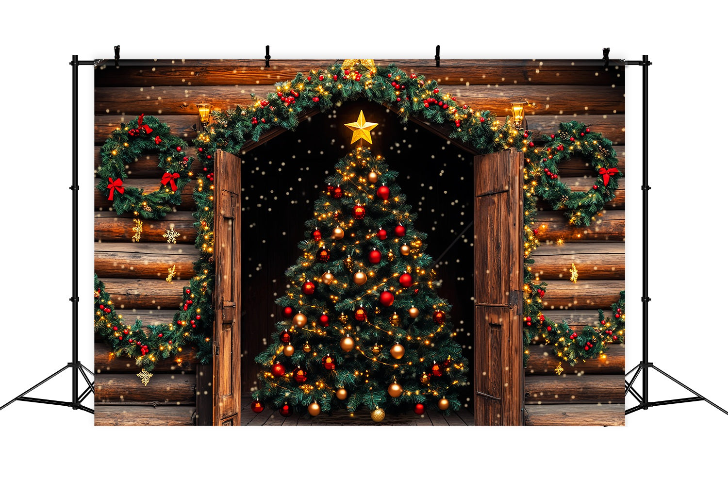 Christmas Tree Backdrop Rustic Cabin Christmas Tree Glow Christmas Photo Backdrop LXX58-63