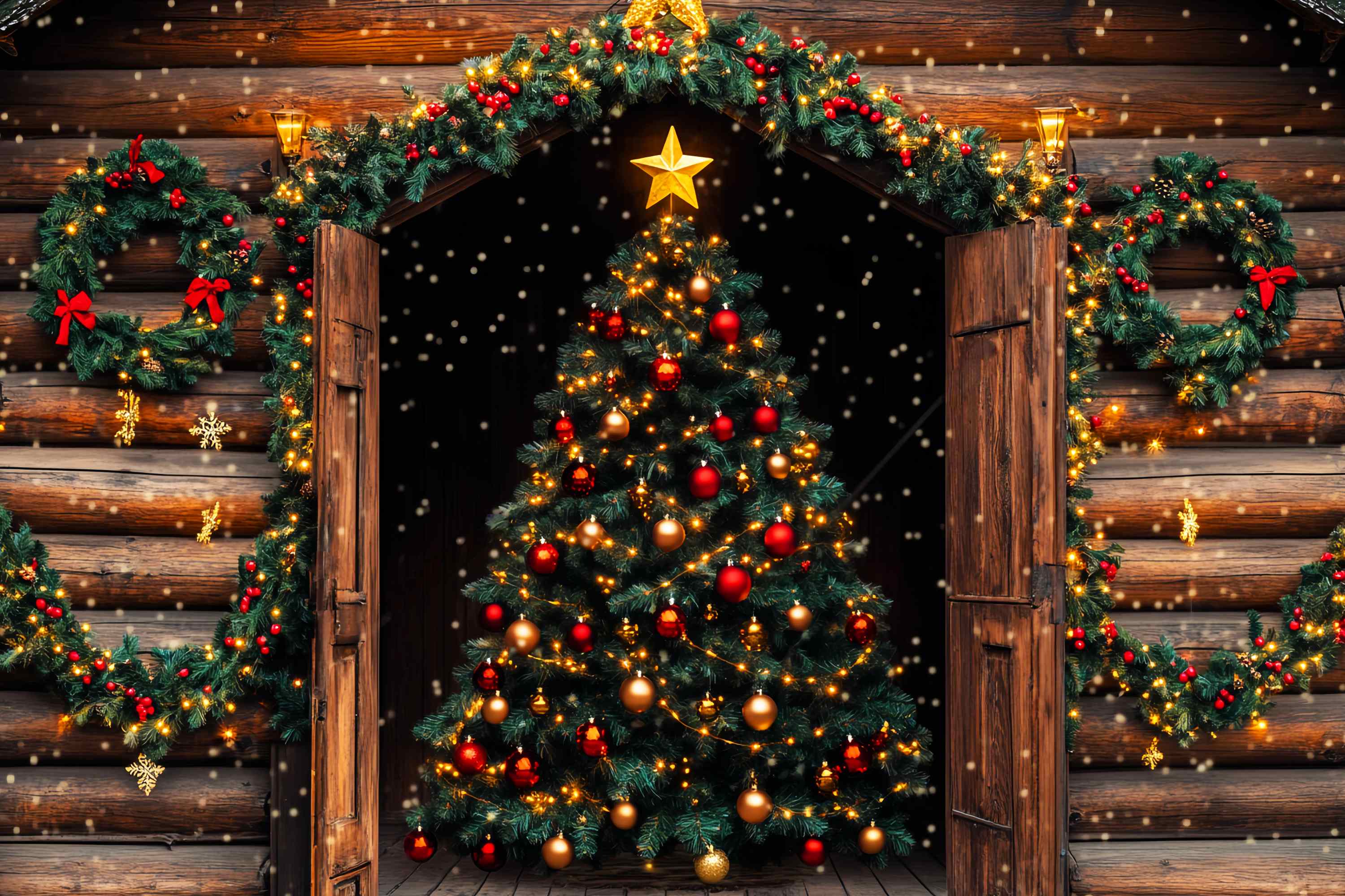 Christmas Tree Backdrop Rustic Cabin Christmas Tree Glow Christmas Photo Backdrop LXX58-63