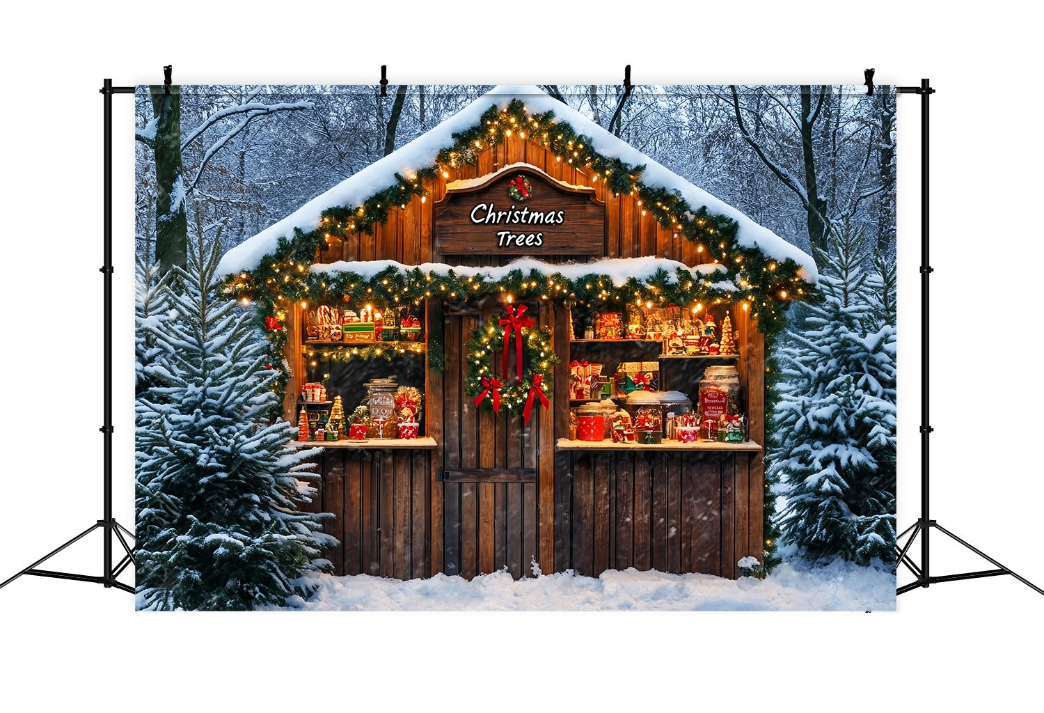 Christmas Tree Farm Backdrop Snowy Forest Candy Cabin Stand Christmas Backdrops 10x10 LXX58-65