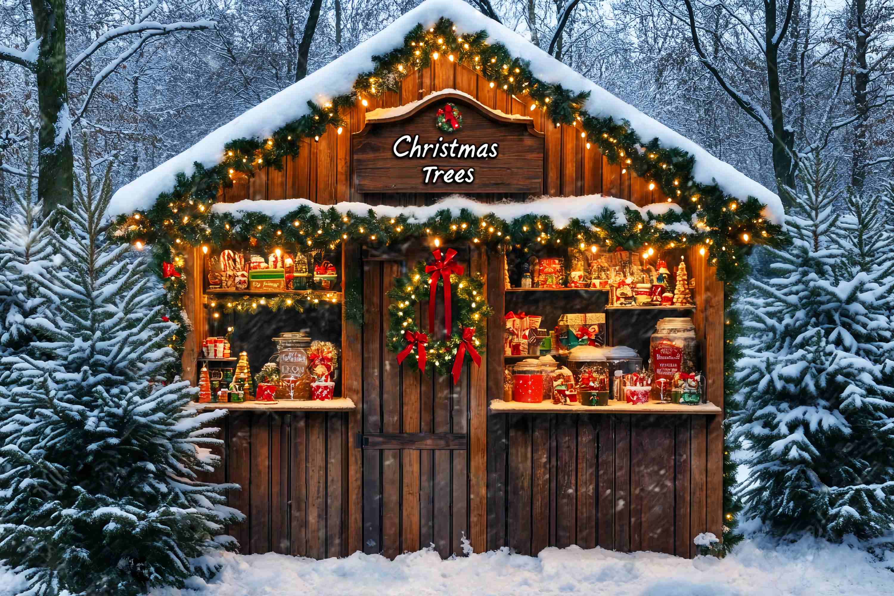 Christmas Tree Farm Backdrop Snowy Forest Candy Cabin Stand Christmas Backdrops 10x10 LXX58-65