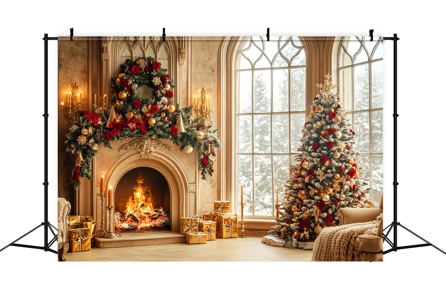 Christmas Fireplace Backdrop Gold Red Luxury Fireplace Room Professional Christmas Backdrops LXX58-66