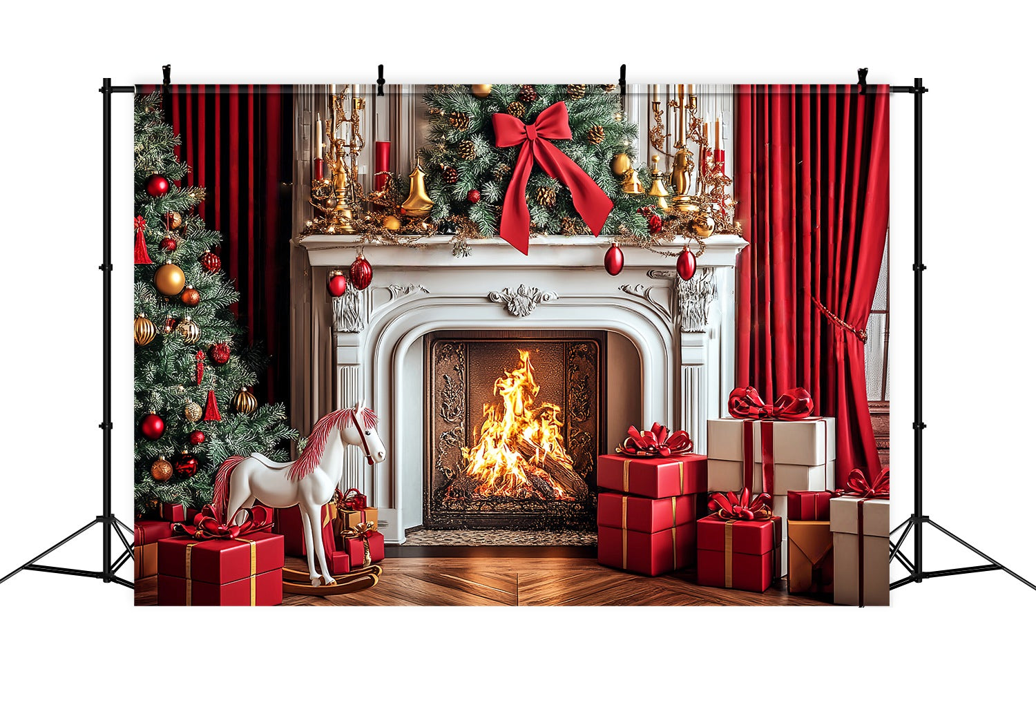 Christmas Fireplace Backdrop Classic Red Gold Fireplace Cheer Backdrop Christmas LXX58-69