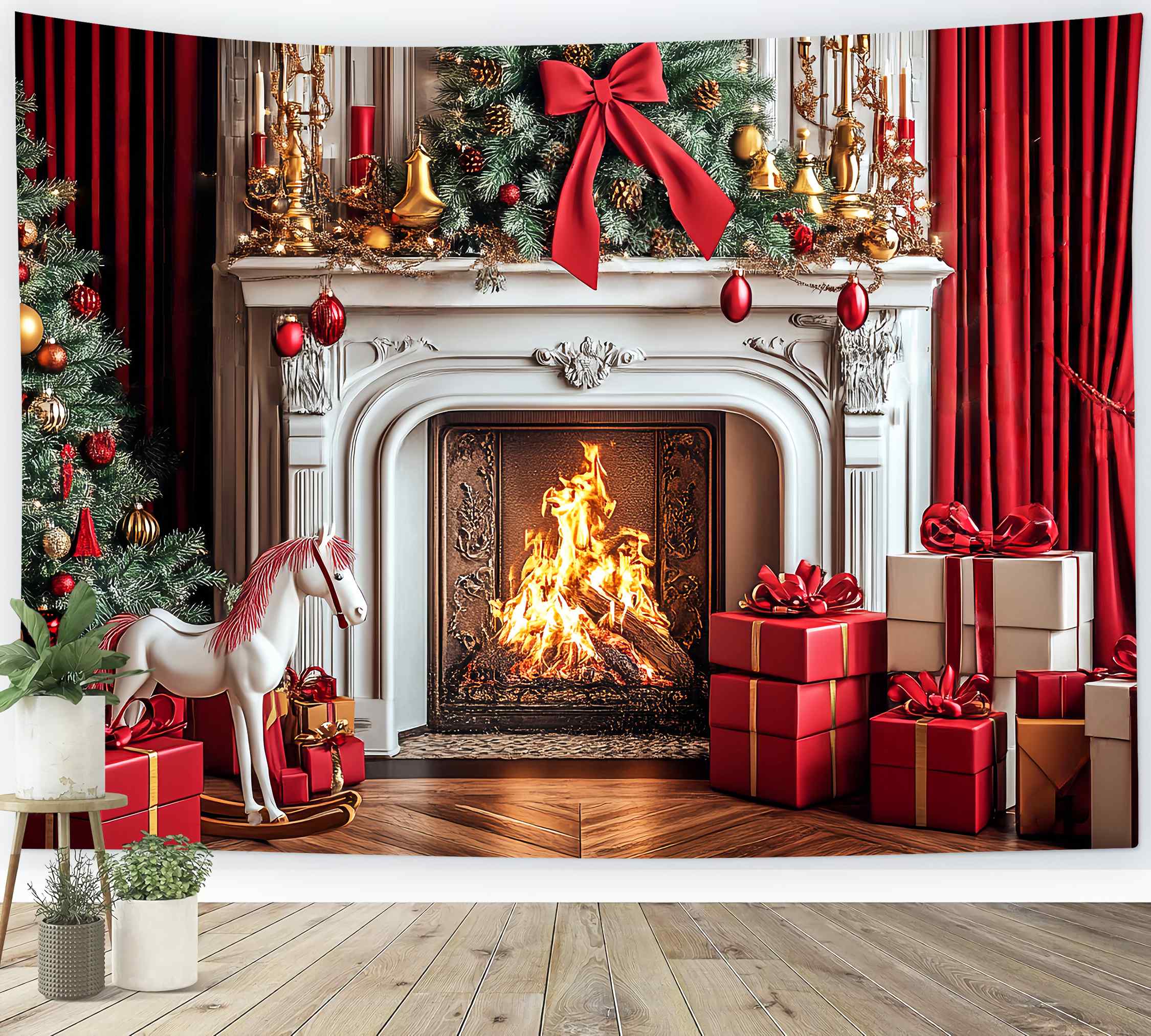 Christmas Fireplace Backdrop Classic Red Gold Fireplace Cheer Backdrop Christmas LXX58-69
