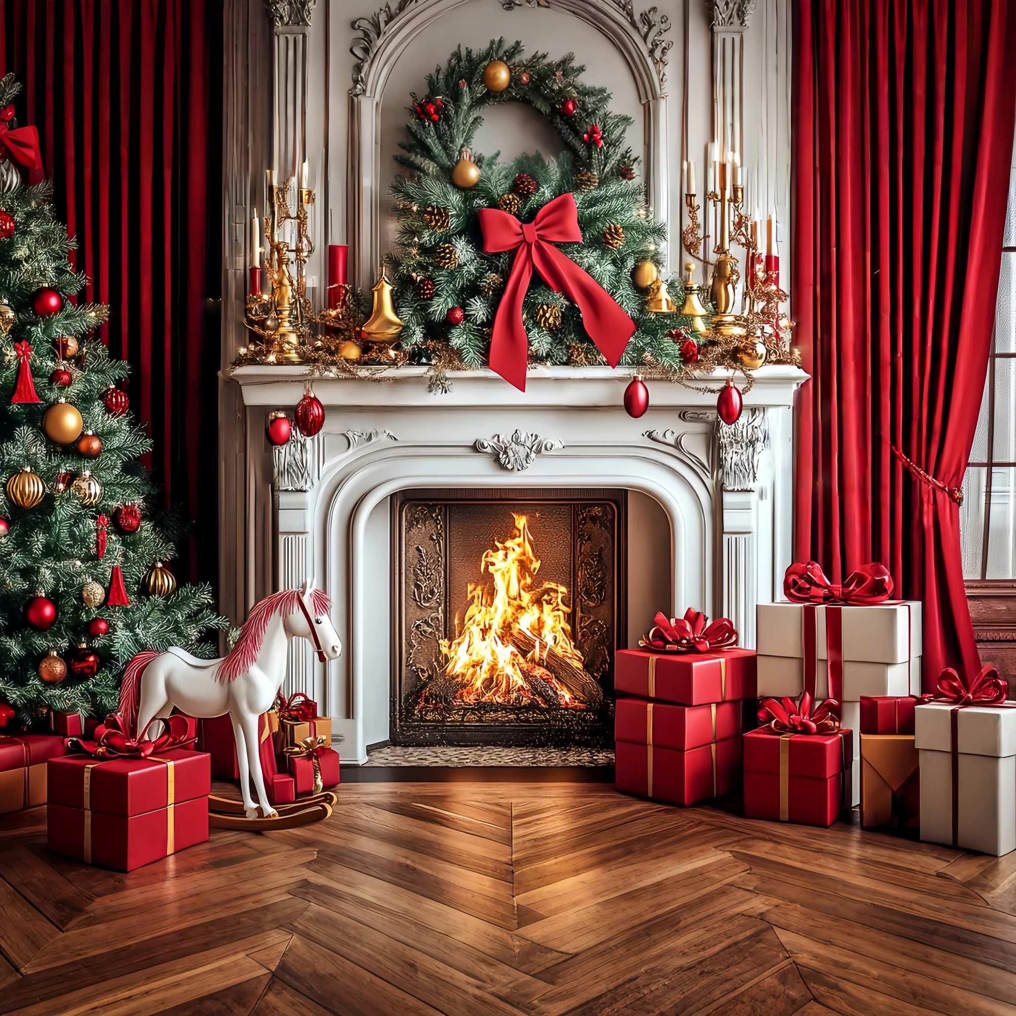 Christmas Fireplace Backdrop Classic Red Gold Fireplace Cheer Backdrop Christmas LXX58-69