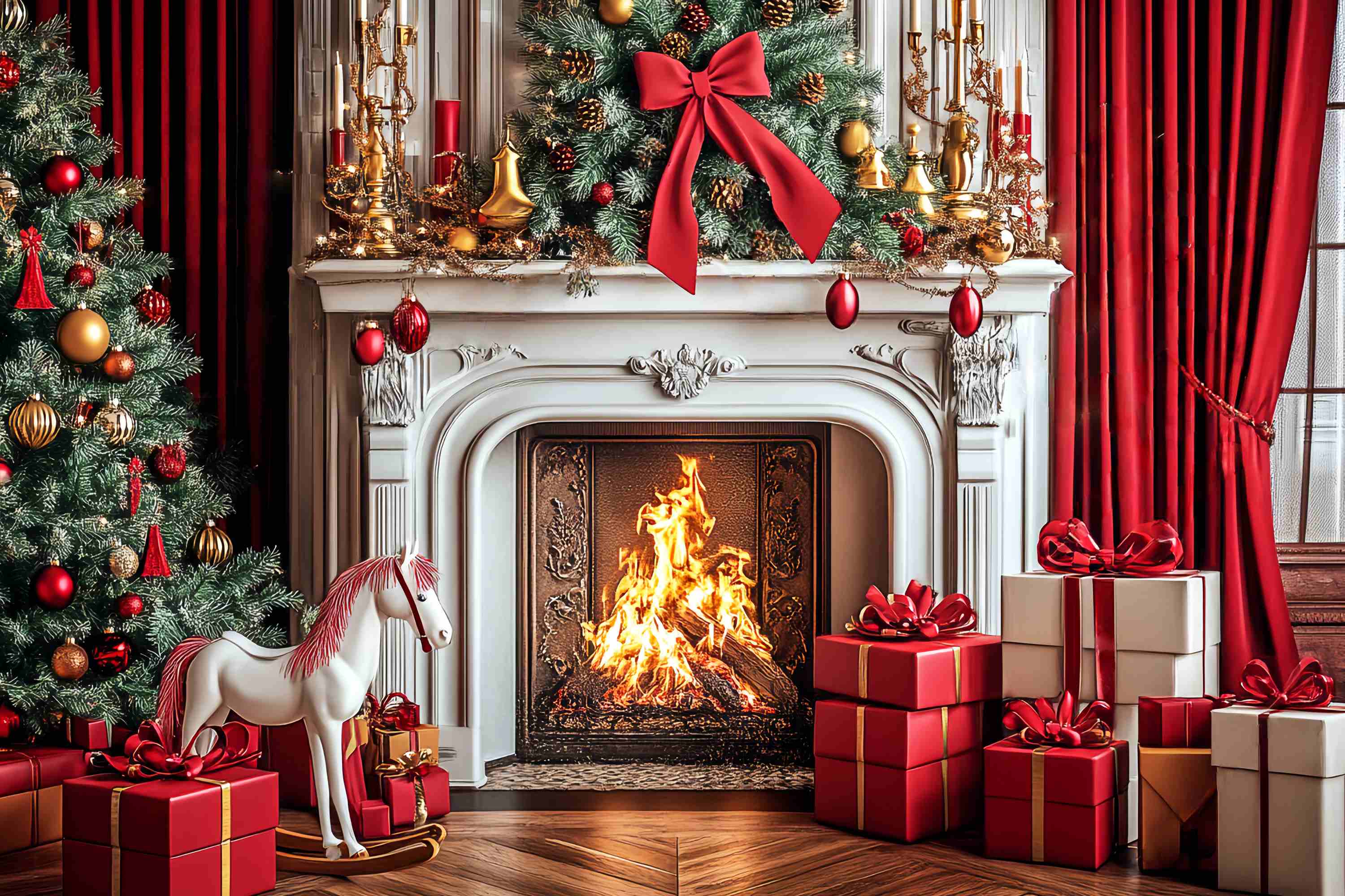 Christmas Fireplace Backdrop Classic Red Gold Fireplace Cheer Backdrop Christmas LXX58-69