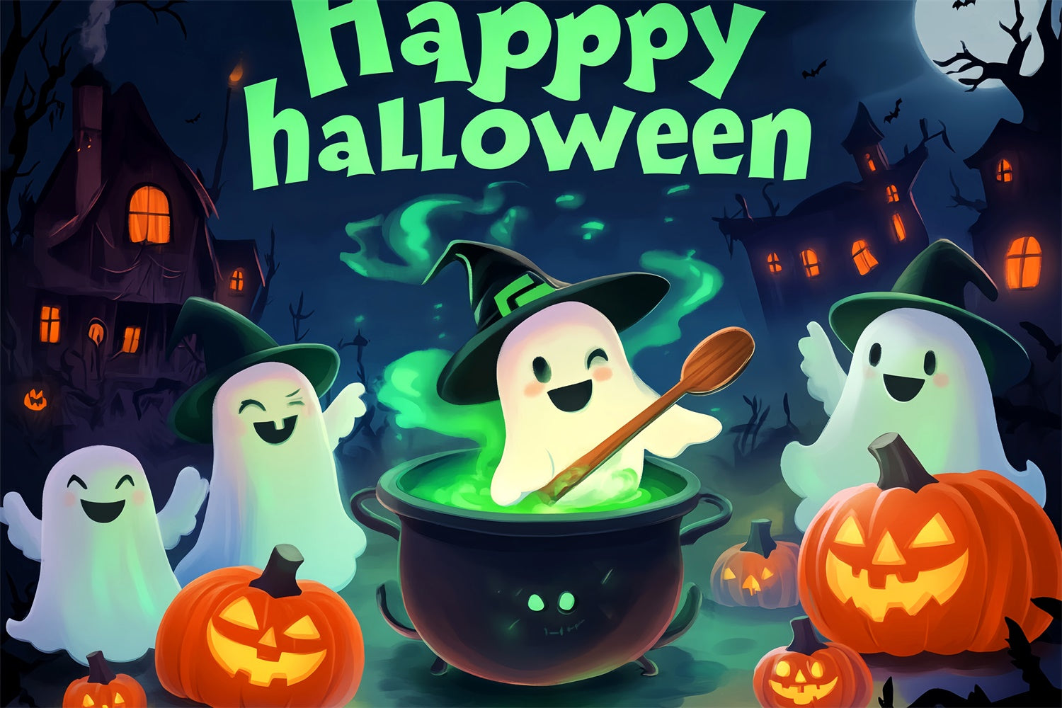 Cute Halloween Backdrop Ghost Cartoon Cheer Backdrop LXX58-7