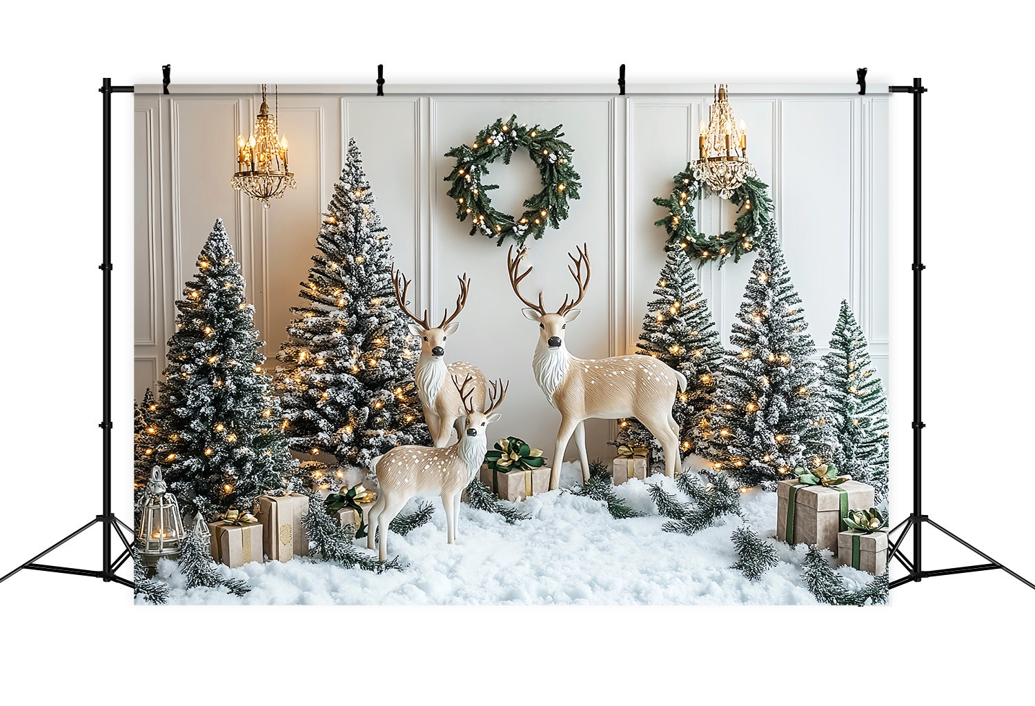 Christmas Wall Backdrop Snowy Reindeer Pine Wonderland Christmas Backdrops 10x10 LXX58-70