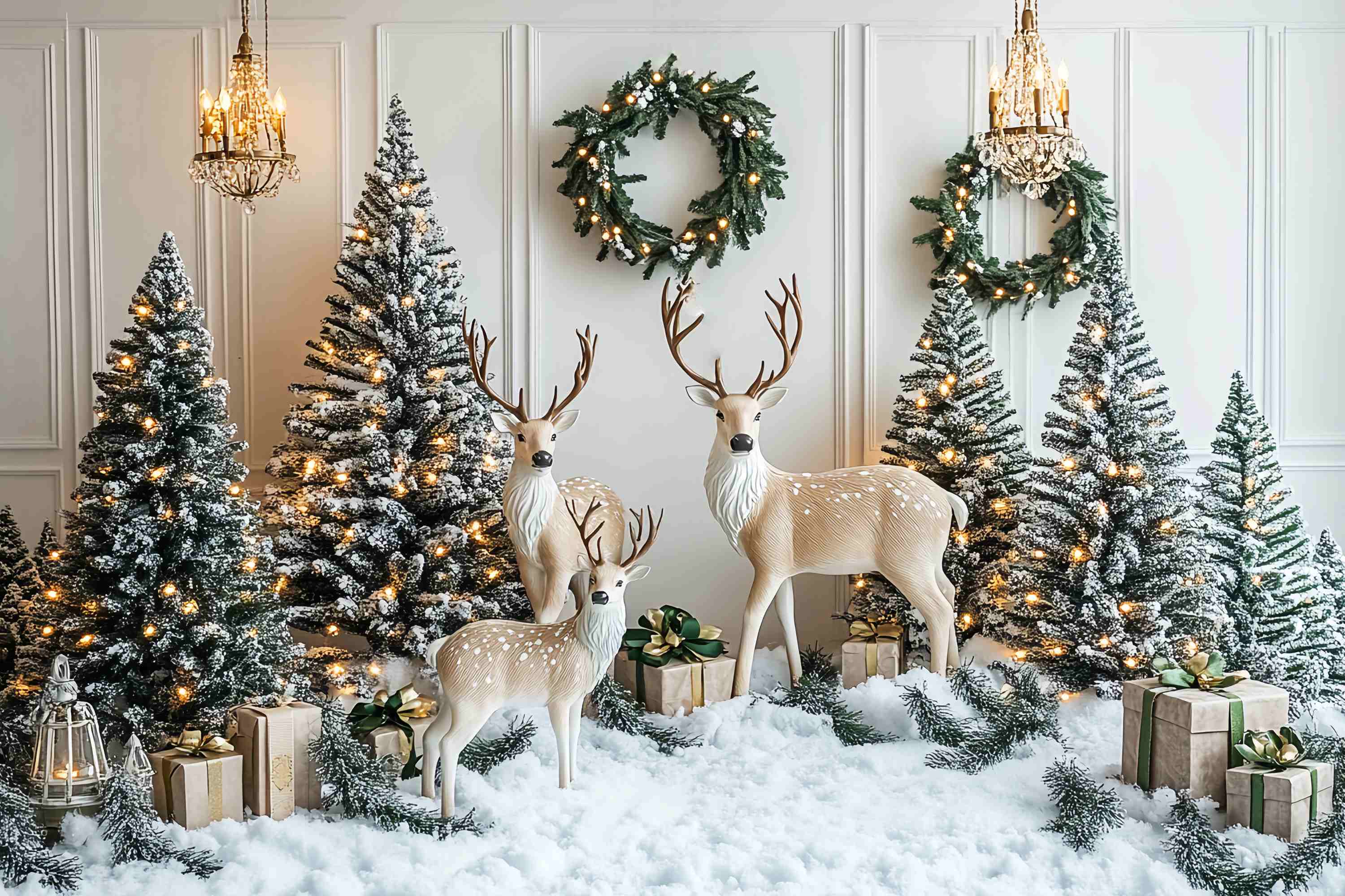 Christmas Wall Backdrop Snowy Reindeer Pine Wonderland Christmas Backdrops 10x10 LXX58-70