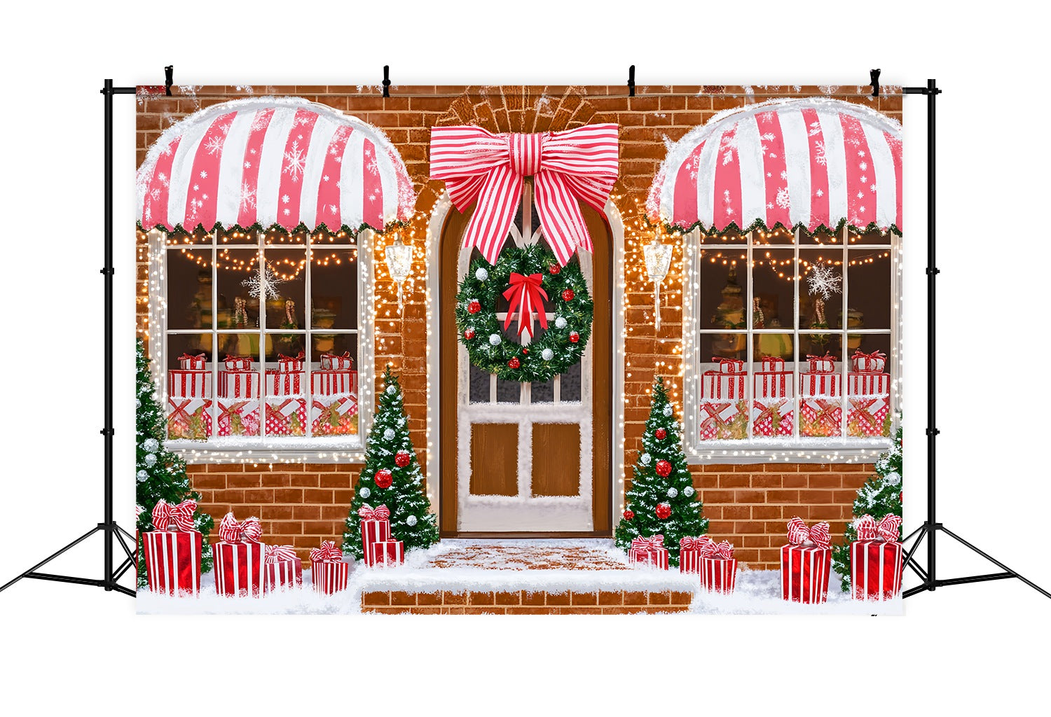 Santa Workshop Backdrop Candy Cane Gift Shopfront Christmas Photo Backdrops LXX58-71