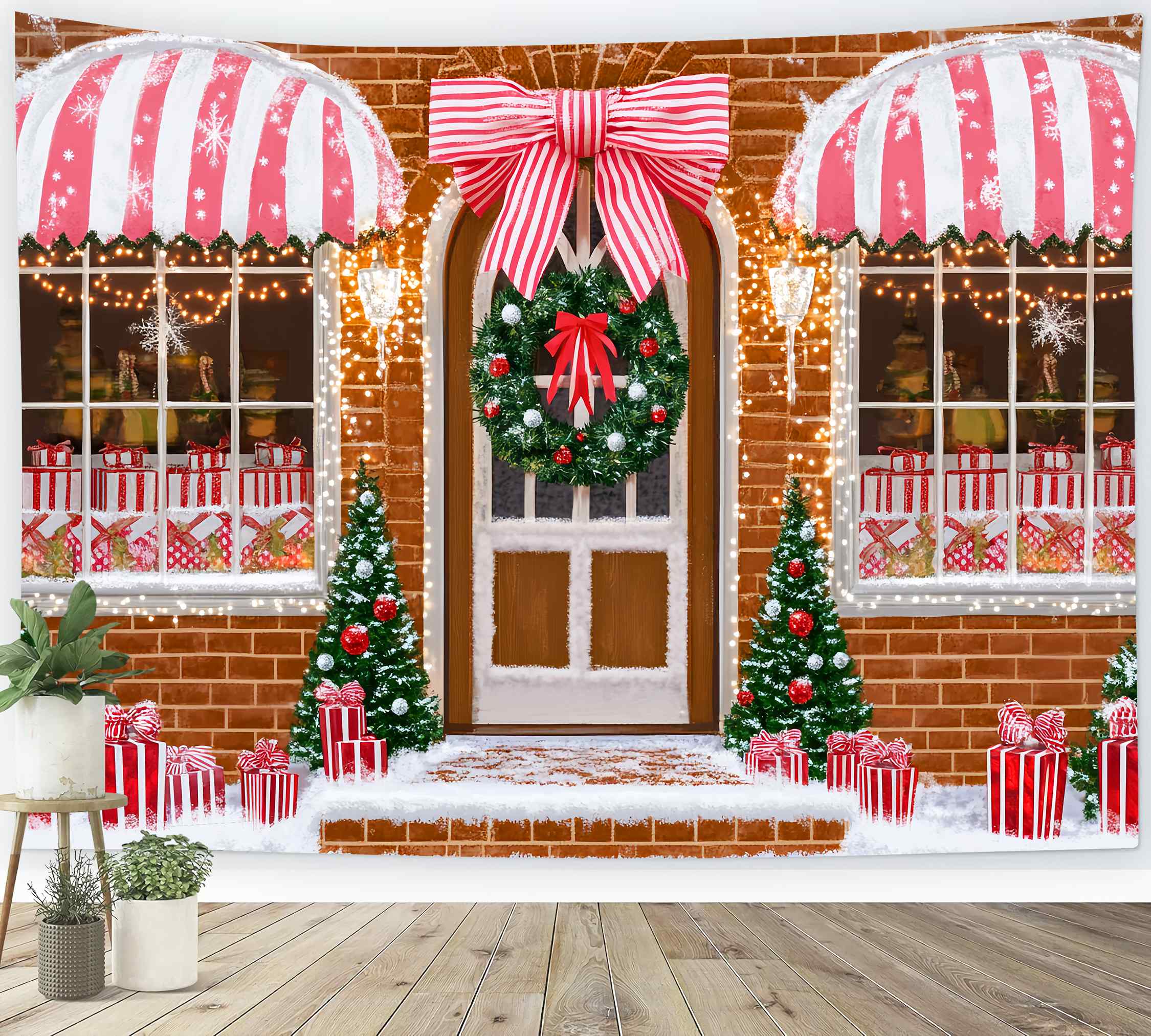 Santa Workshop Backdrop Candy Cane Gift Shopfront Christmas Photo Backdrops LXX58-71