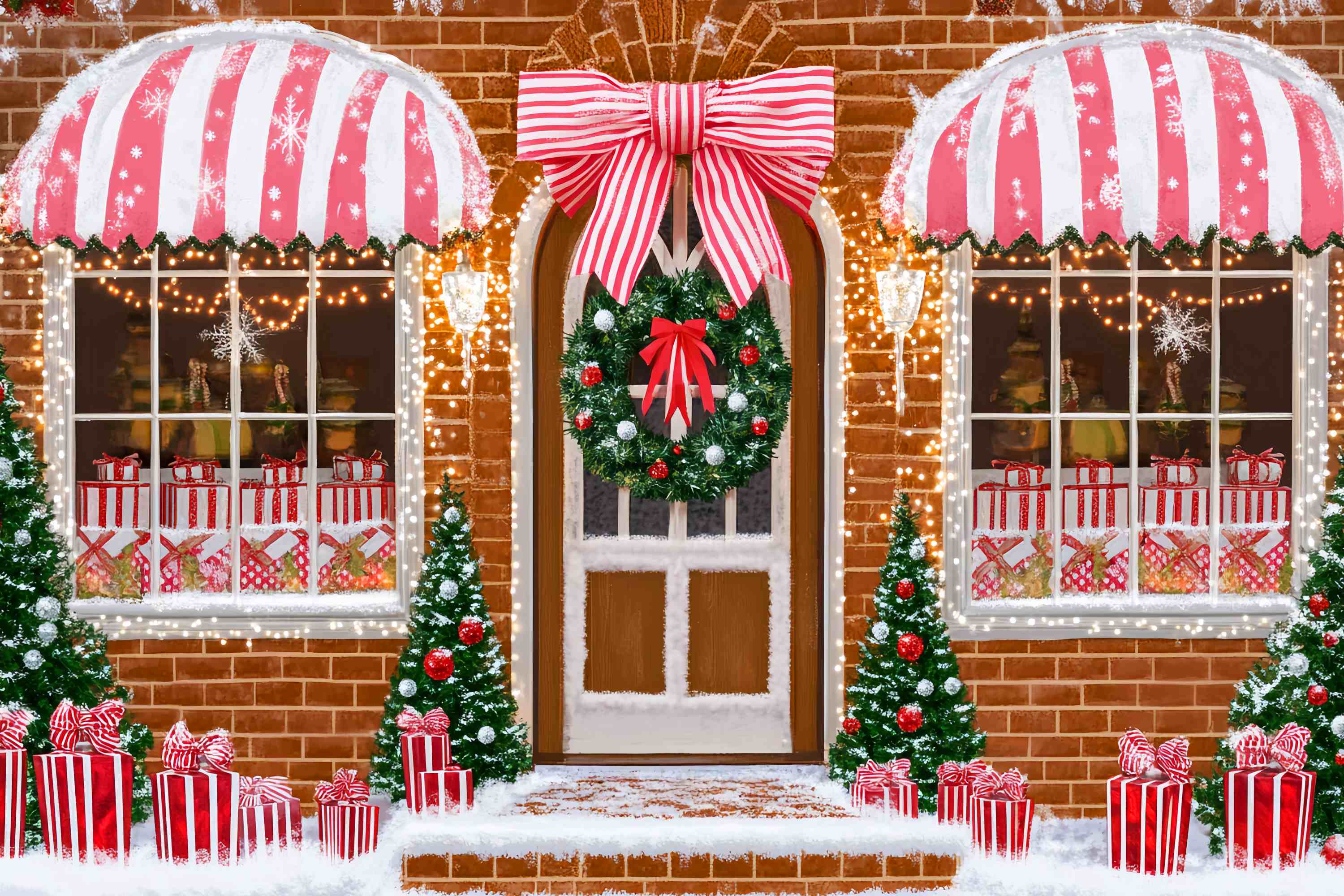 Santa Workshop Backdrop Candy Cane Gift Shopfront Christmas Photo Backdrops LXX58-71