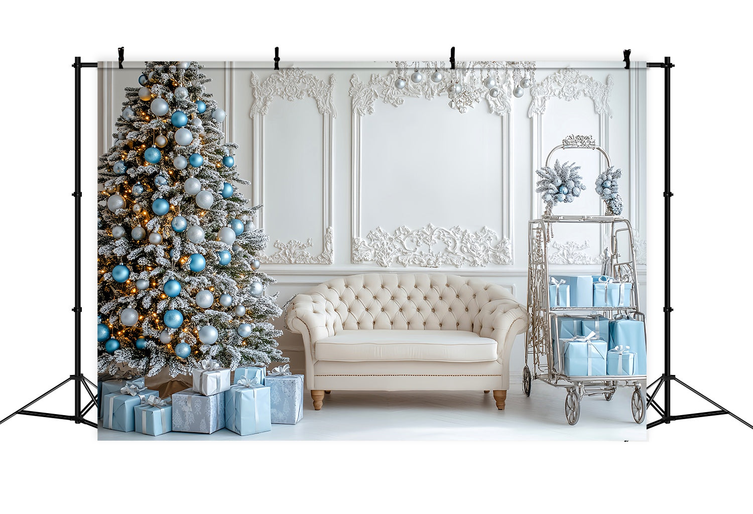 Christmas Wall Backdrop Icy Blue Ornament Lounge Room Professional Christmas Backdrops LXX58-74