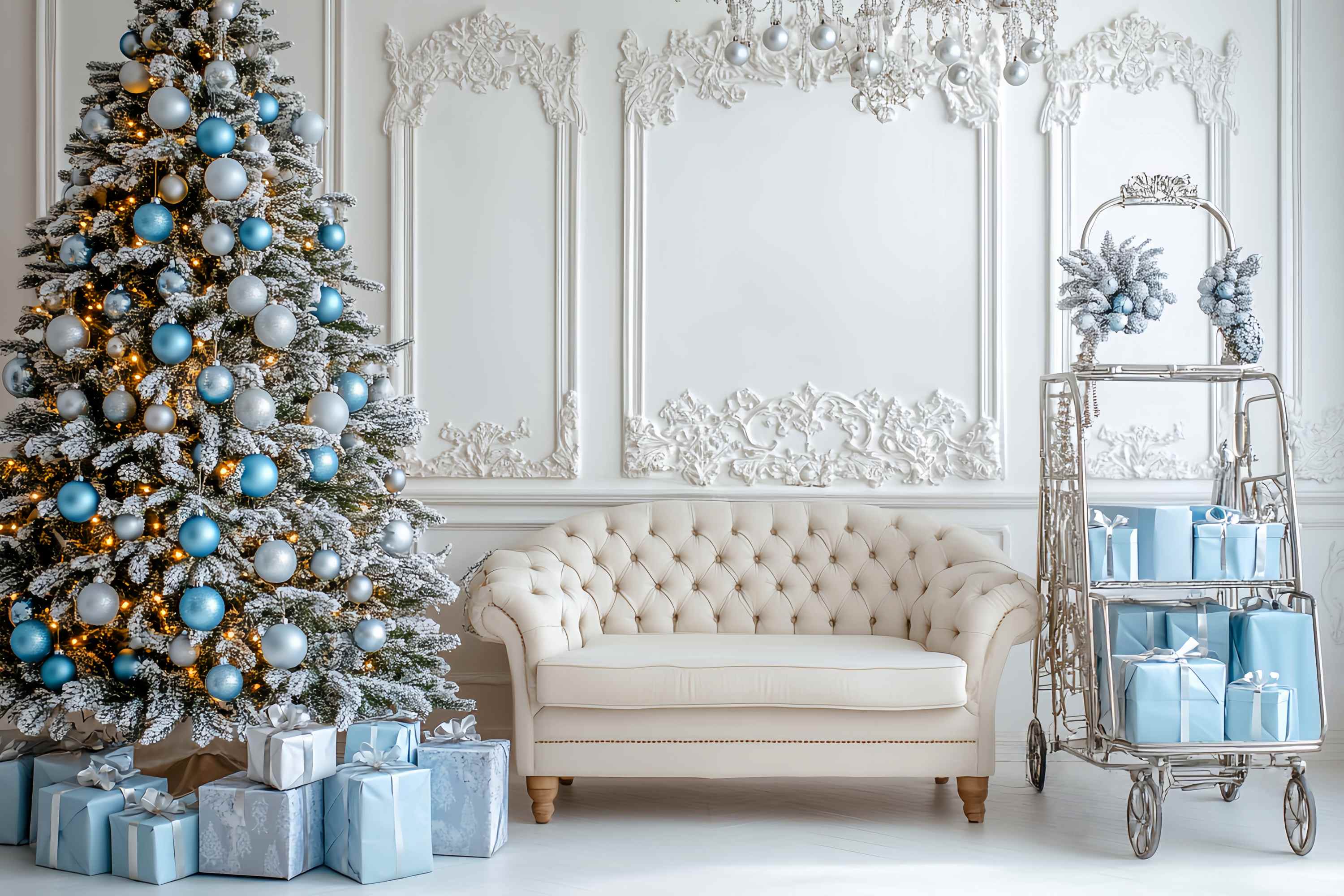 Christmas Wall Backdrop Icy Blue Ornament Lounge Room Professional Christmas Backdrops LXX58-74