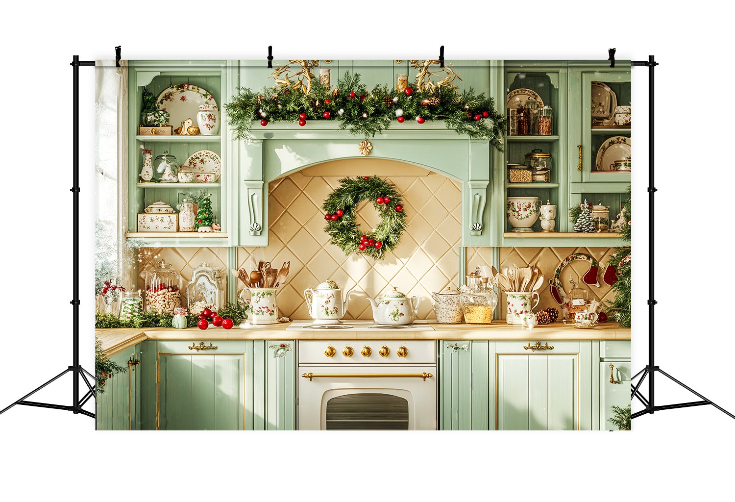 Christmas Kitchen Backdrop Mint Green Christmas Kitchen Christmas Backdrop LXX58-79