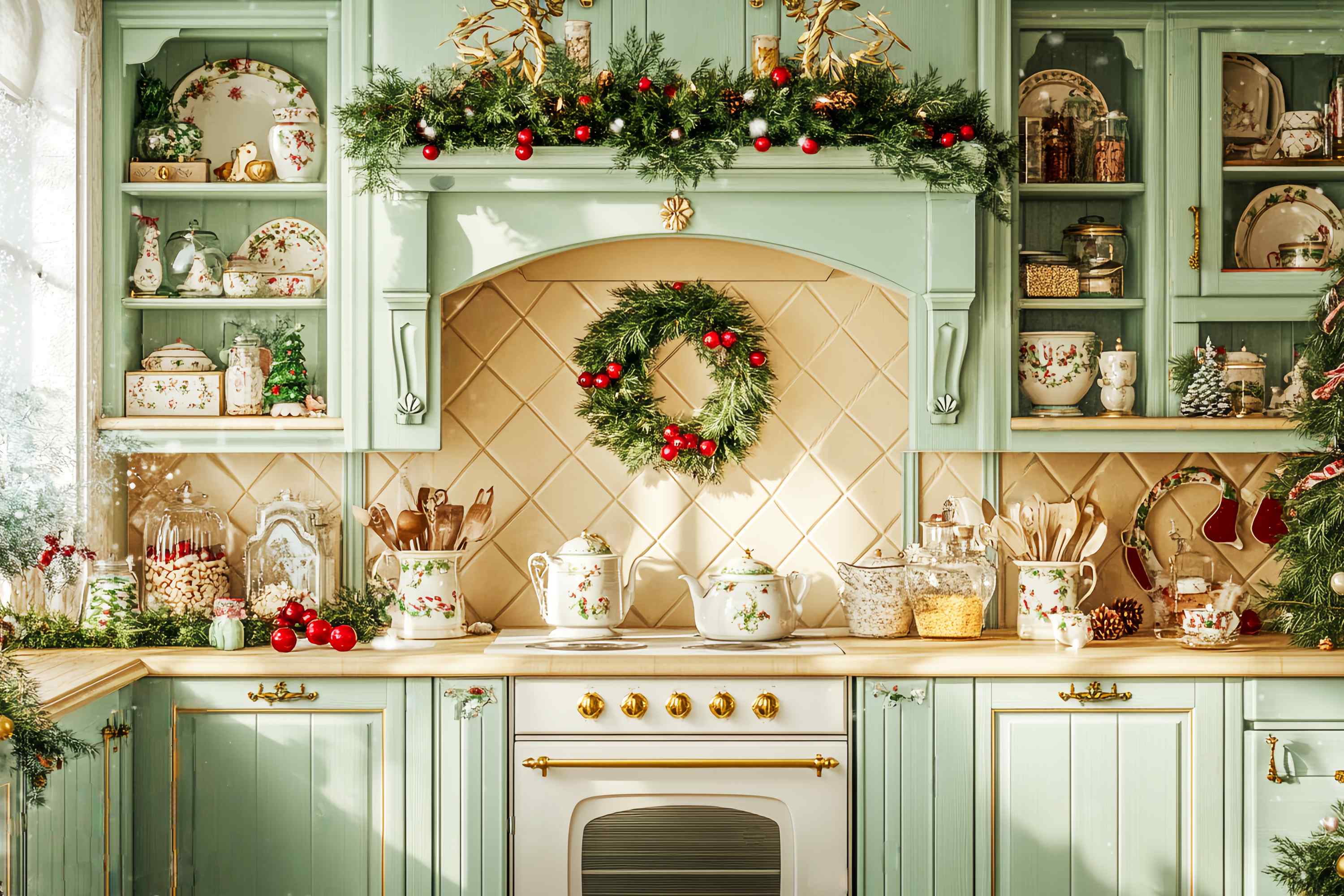Christmas Kitchen Backdrop Mint Green Christmas Kitchen Christmas Backdrop LXX58-79