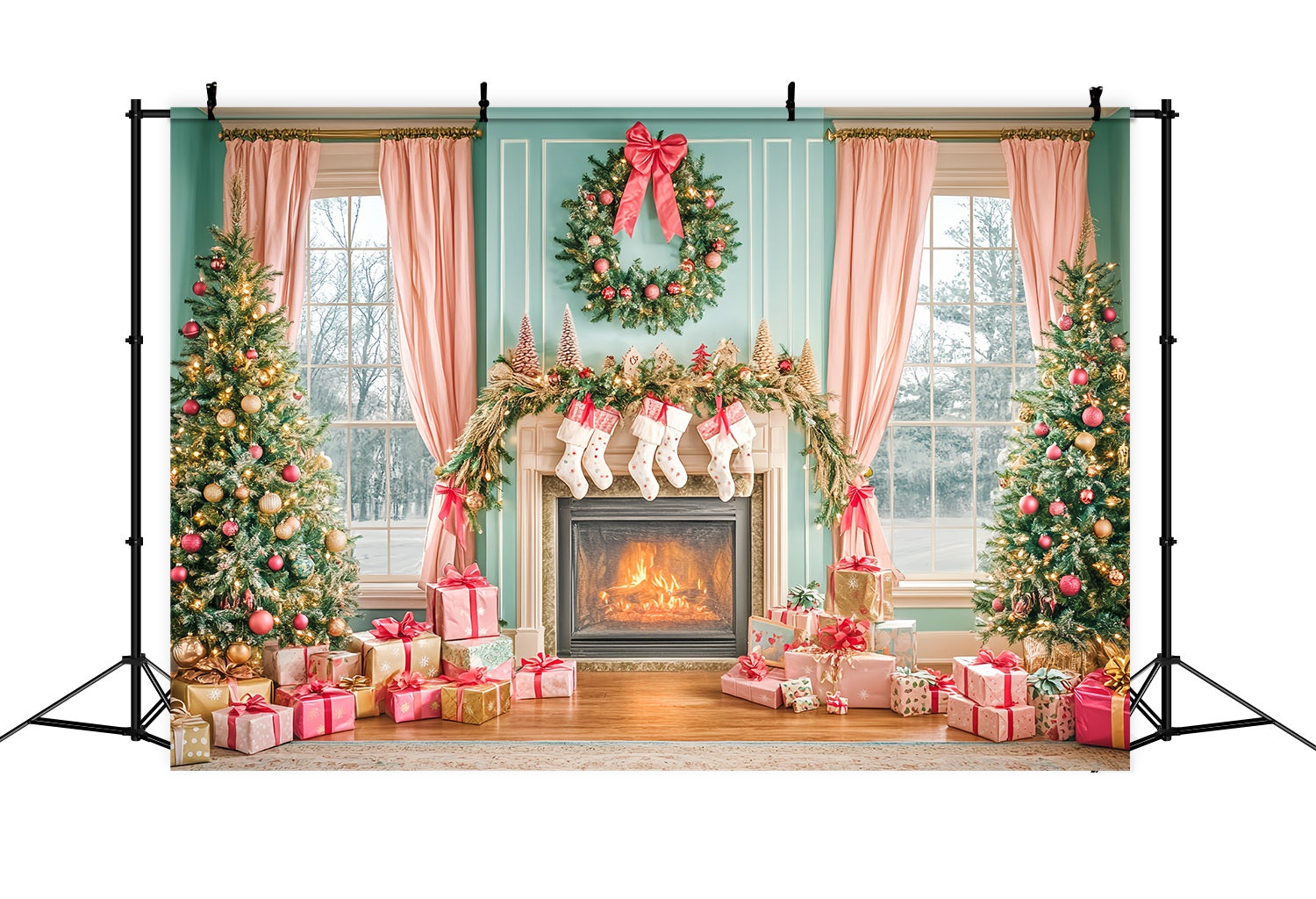 Christmas Fireplace Backdrop Pink Bow Fireplace Christmas Morning Backdrop Christmas LXX58-83
