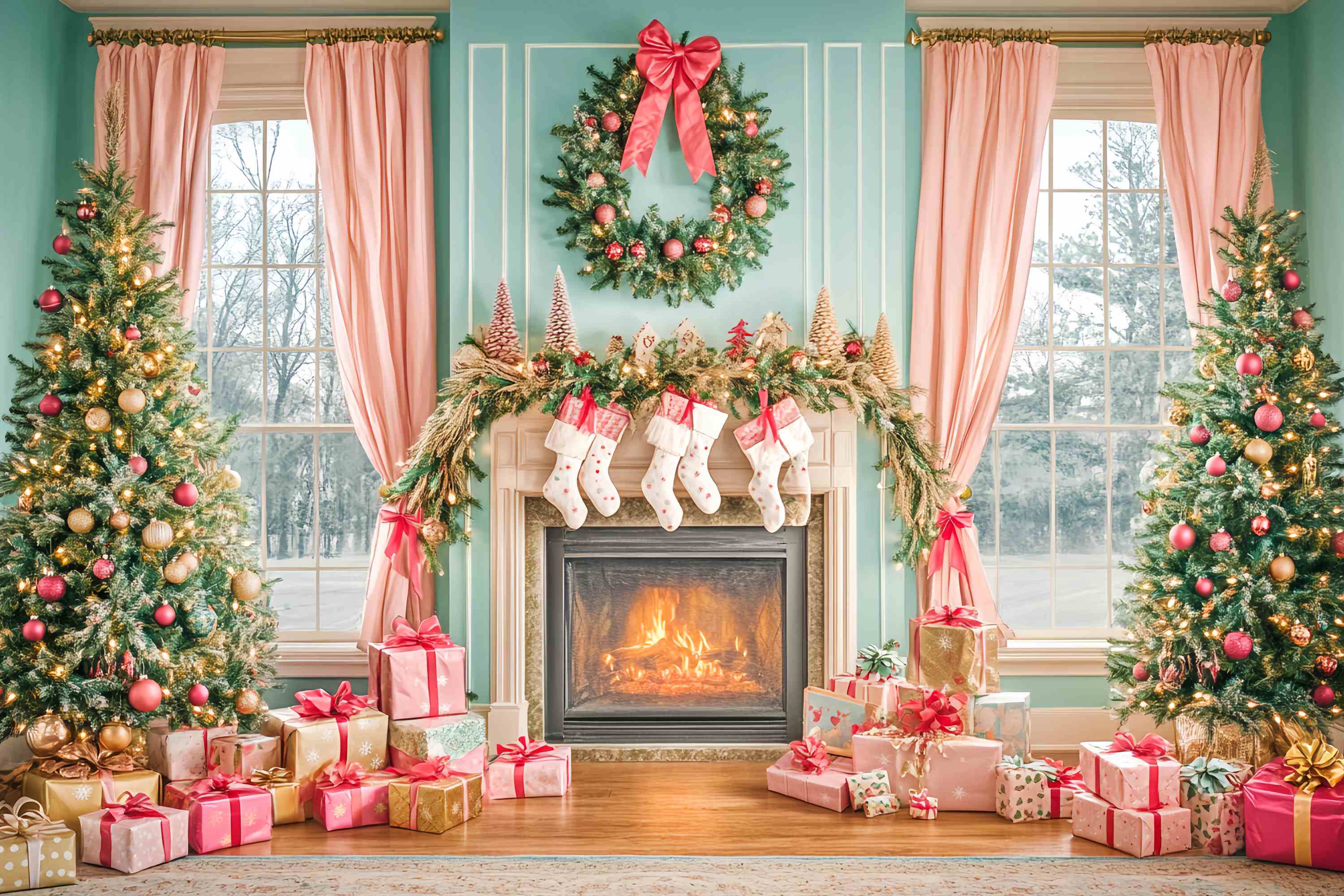 Christmas Fireplace Backdrop Pink Bow Fireplace Christmas Morning Backdrop Christmas LXX58-83