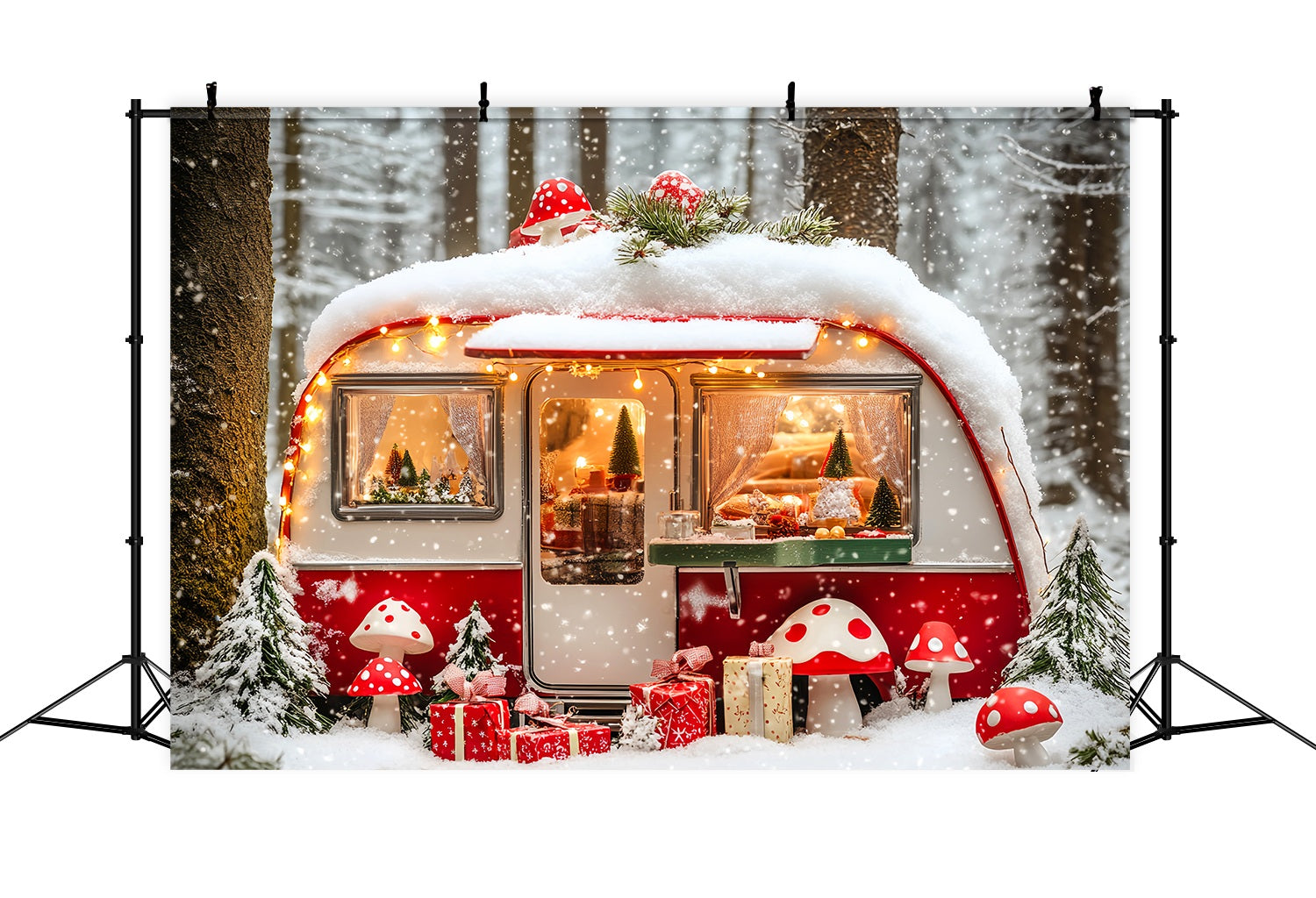 Christmas Photography Backdrops Snowy Mushroom Camper Forest Christmas Backdrop LXX58-84
