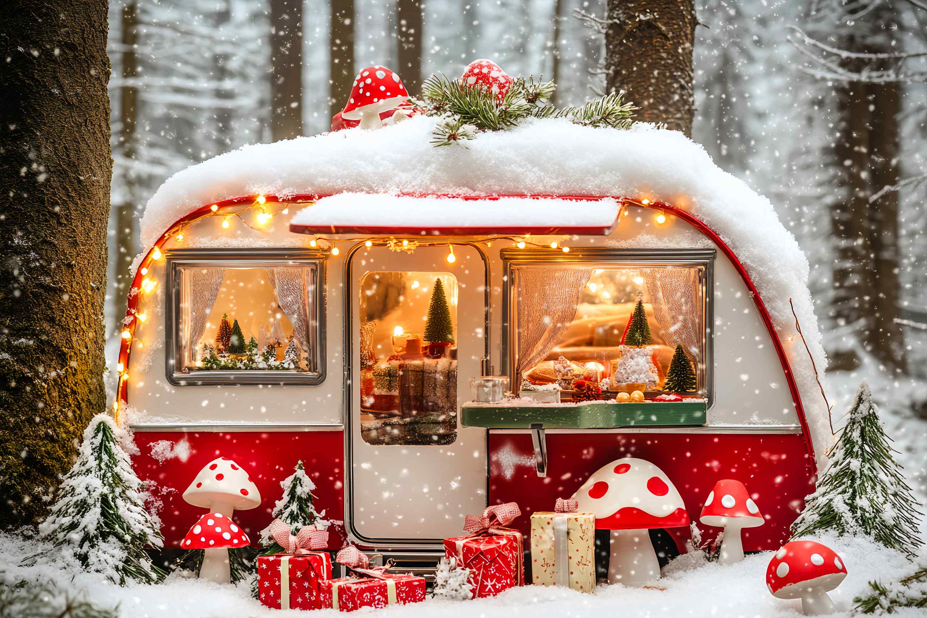Christmas Photography Backdrops Snowy Mushroom Camper Forest Christmas Backdrop LXX58-84