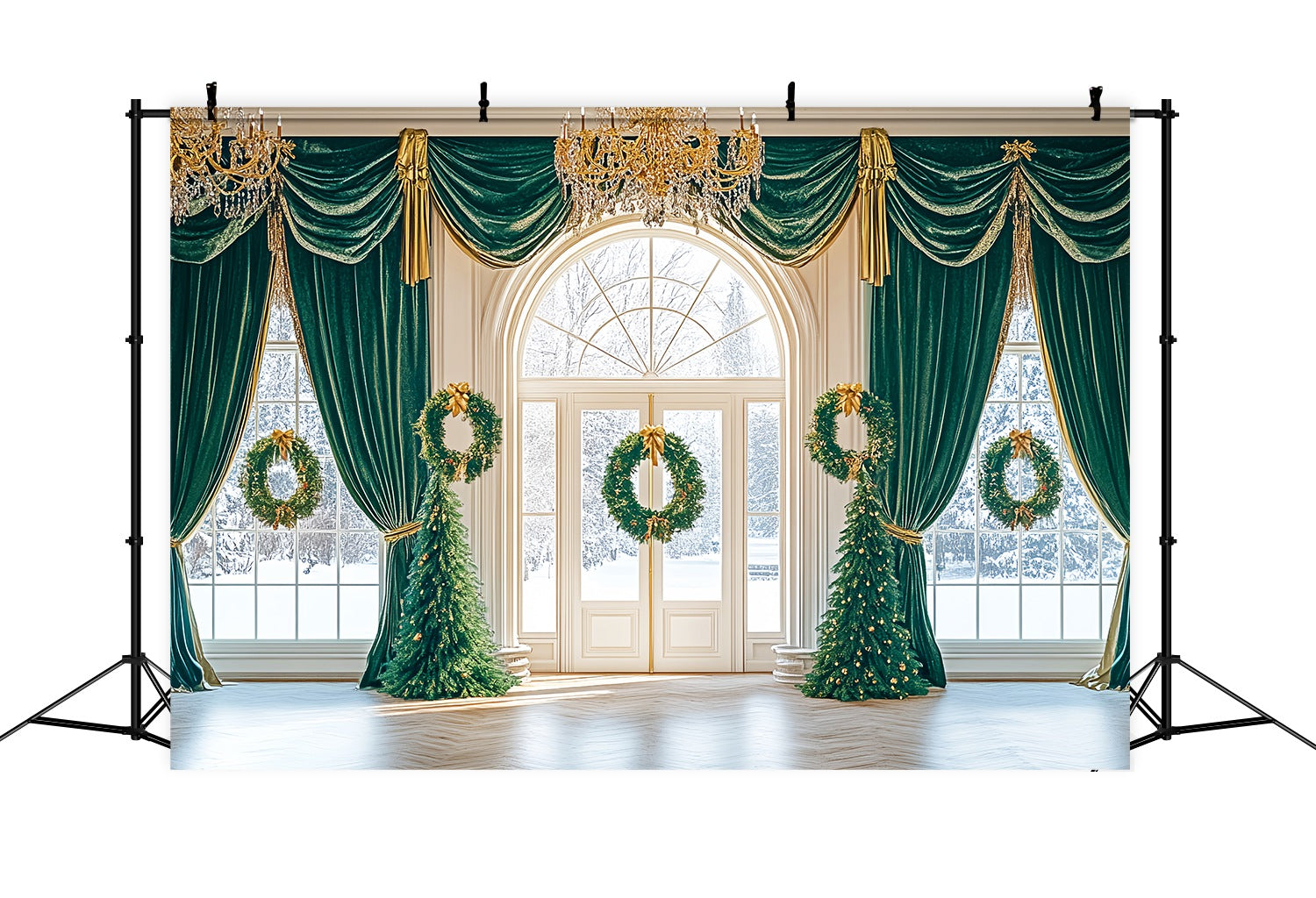 Christmas Photo Backdrop Emerald Drape Wreath Ballroom Christmas Backdrops for Photos LXX58-89