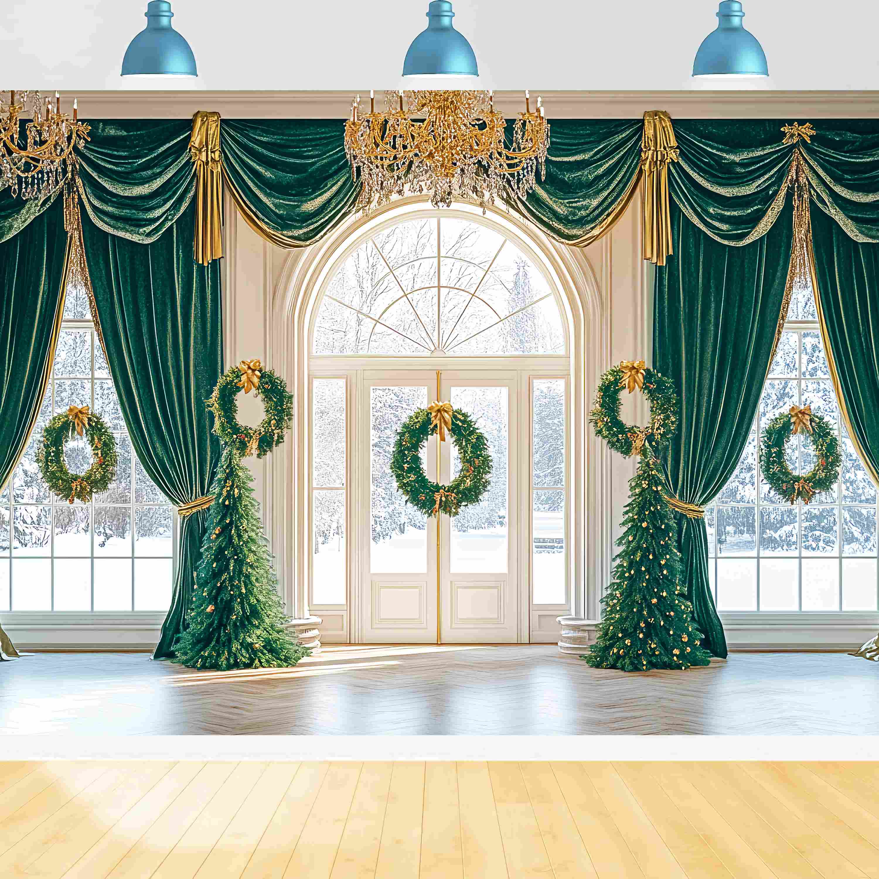 Christmas Photo Backdrop Emerald Drape Wreath Ballroom Christmas Backdrops for Photos LXX58-89