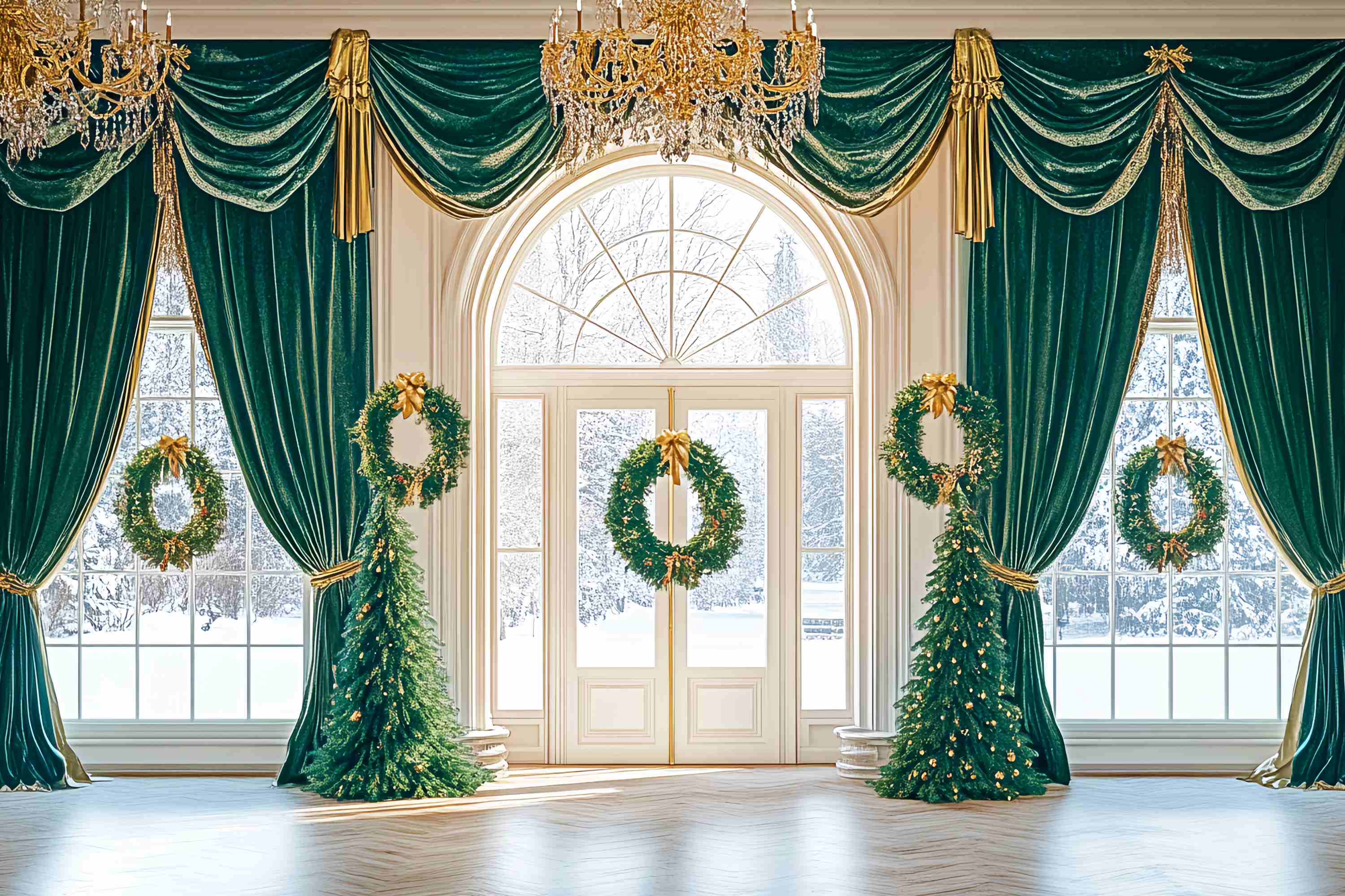 Christmas Photo Backdrop Emerald Drape Wreath Ballroom Christmas Backdrops for Photos LXX58-89