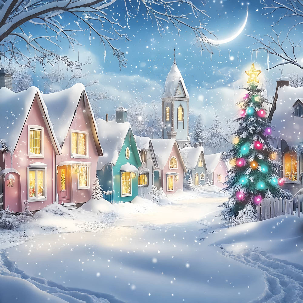 Christmas Village Backdrop Pastel Winter Village Snowfall Christmas Ba