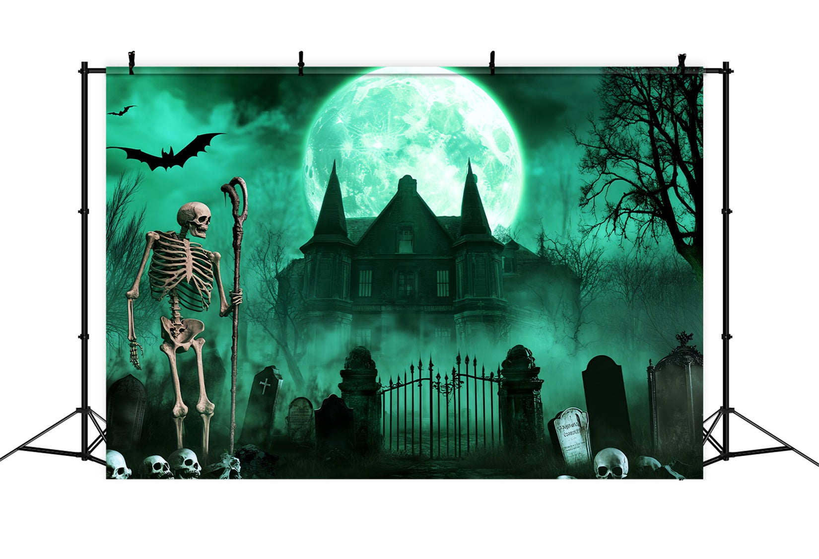 Graveyard Backdrop Skeleton Graveyard Green Moon Spooky Halloween Backdrop LXX59-113