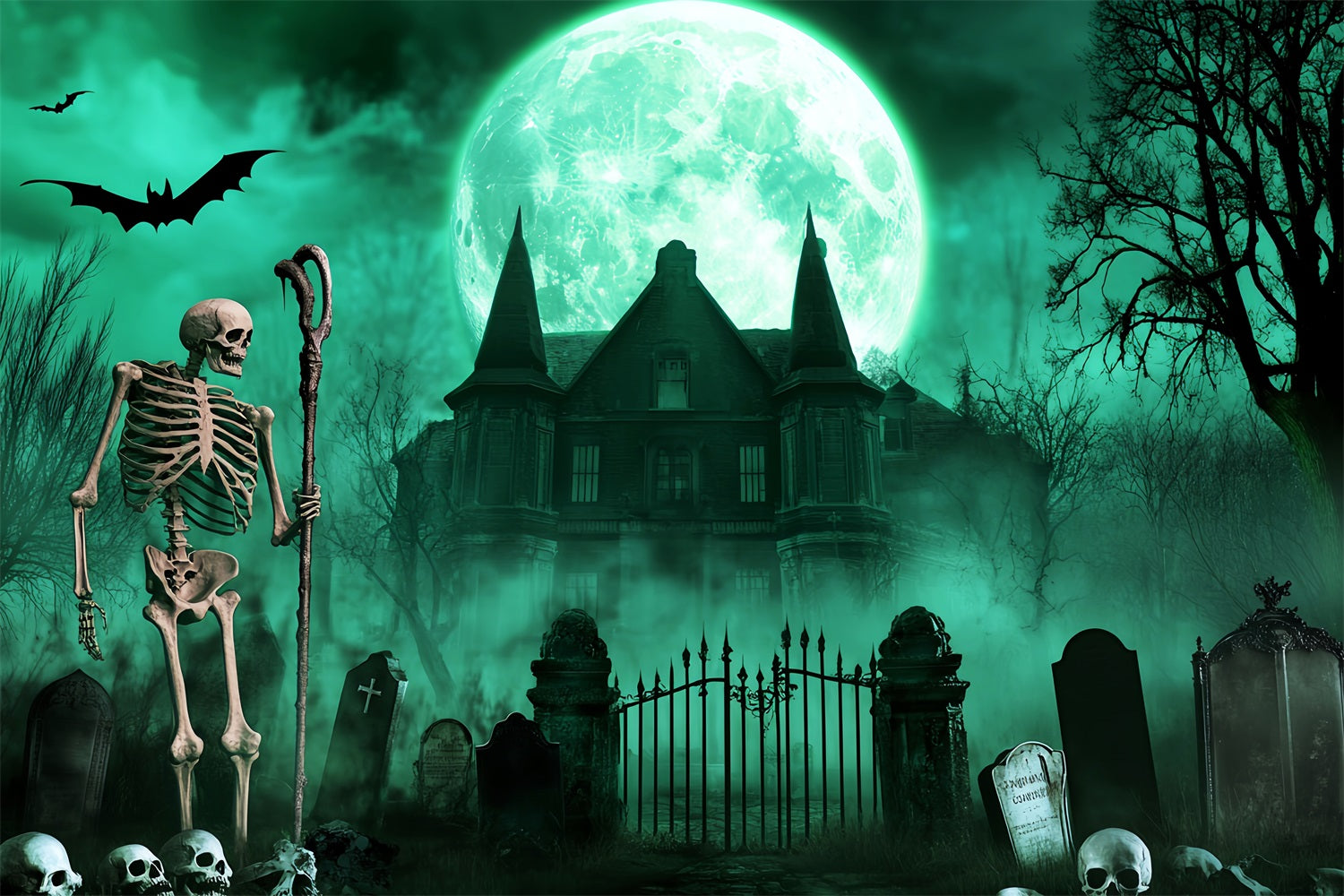 Graveyard Backdrop Skeleton Graveyard Green Moon Spooky Halloween Backdrop LXX59-113