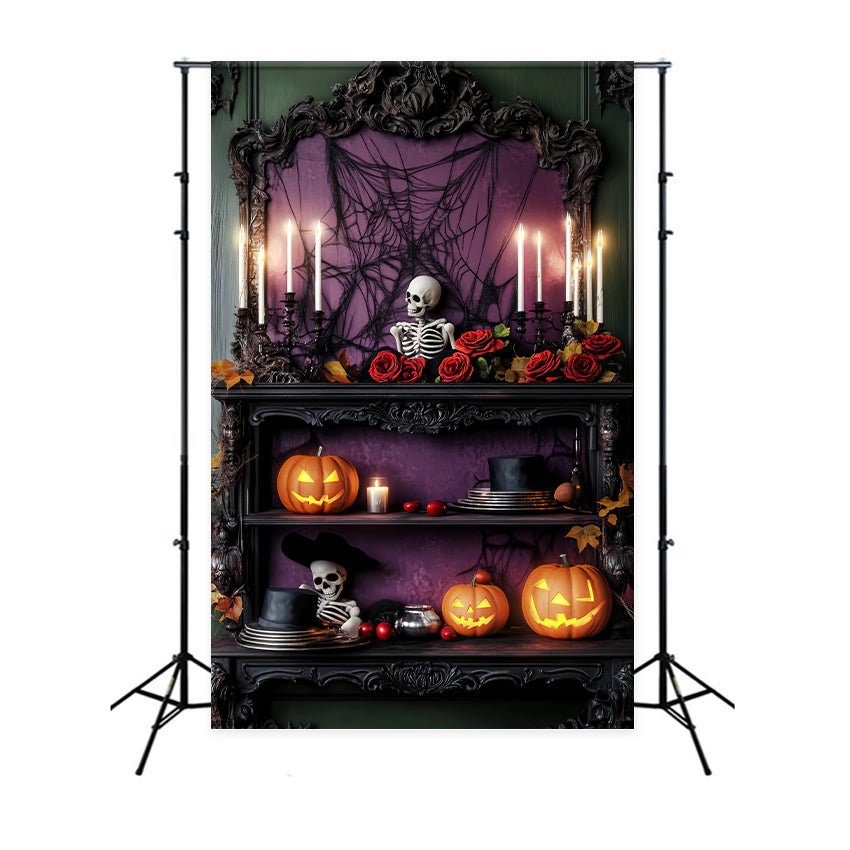 Haunted Forest Backdrop Purple Roses Skeleton Shelf Halloween Photo Backdrop LXX59-114