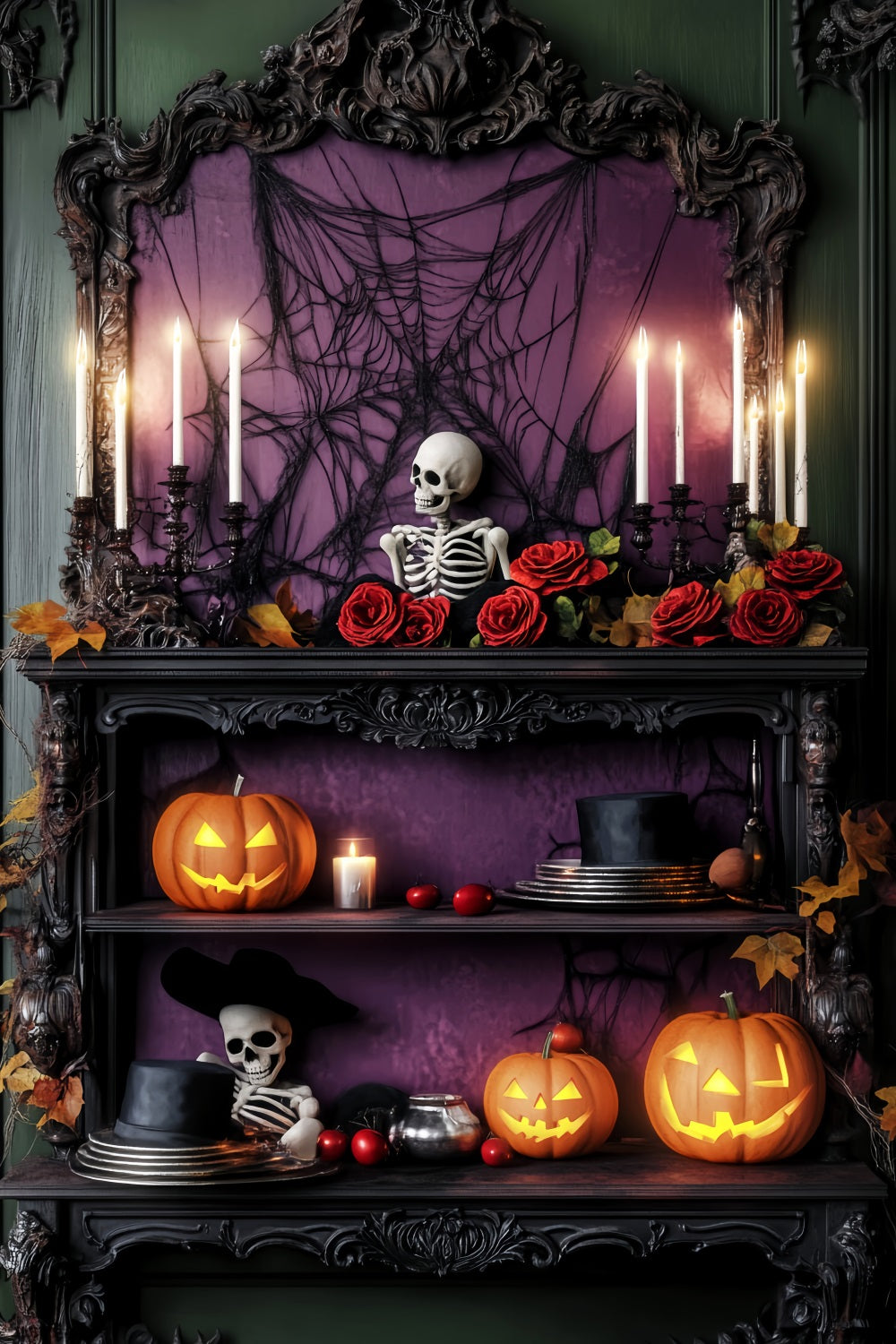 Haunted Forest Backdrop Purple Roses Skeleton Shelf Halloween Photo Backdrop LXX59-114