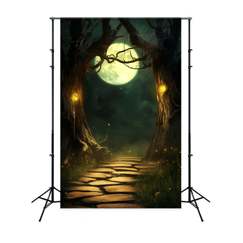 Haunted Forest Backdrop Moonlit Path Enchanted Trees Halloween Photo Backdrop LXX59-118